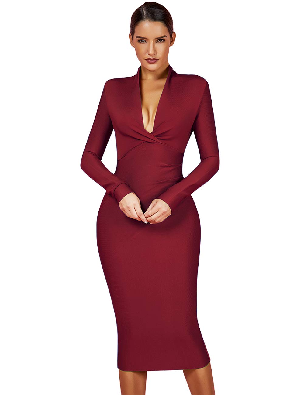 Whoinshop Women's Deep V-Neck Long Sleeve Cocktail Dress - Knee Length Party Gown for Night Out, Club, Evening Events & Special Occasions