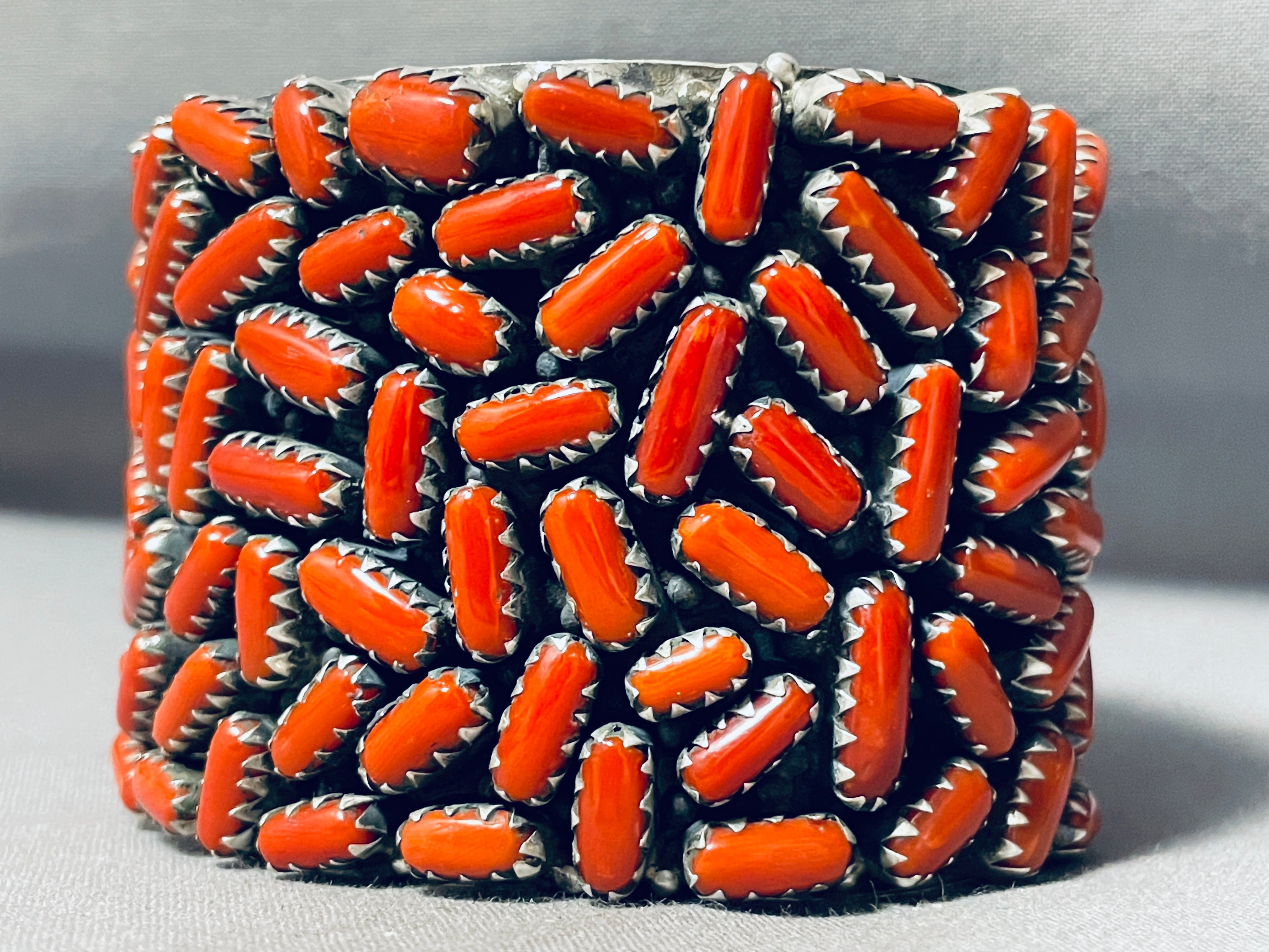 154 Gram Chunky Coral Native American Navajo Sterling Silver Wide Bracelet Cuff - Handmade Southwest Jewelry for Women, Boho Fashion Accessory, Perfect for Festivals & Special Occasions