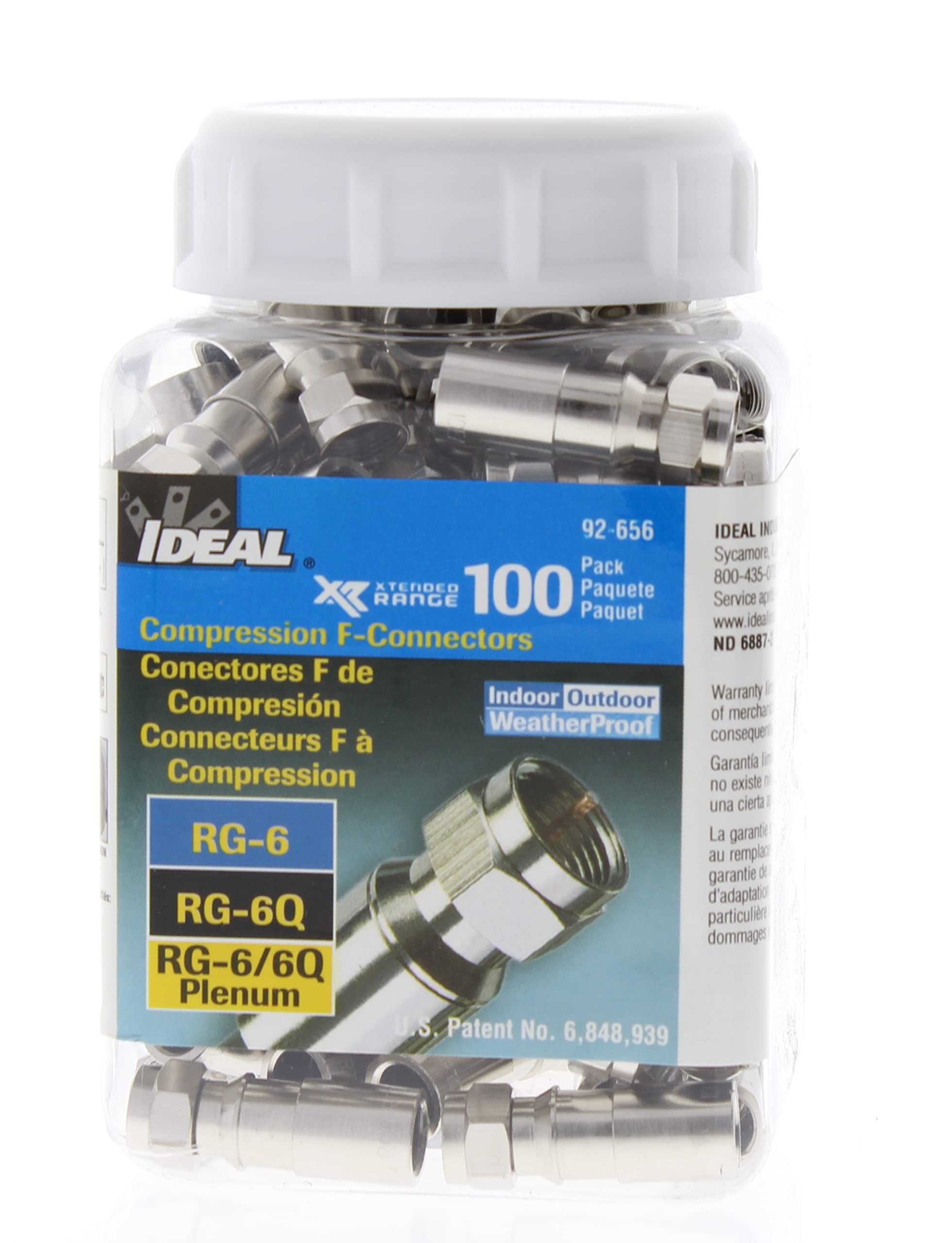 IDEAL Electrical 92-656 RTQ XR RG-6 F Compression Connectors - Male F Connectors for Cable & Satellite TV (100-Pack Jar) - Perfect for Home Theater & Digital Signal Installations
