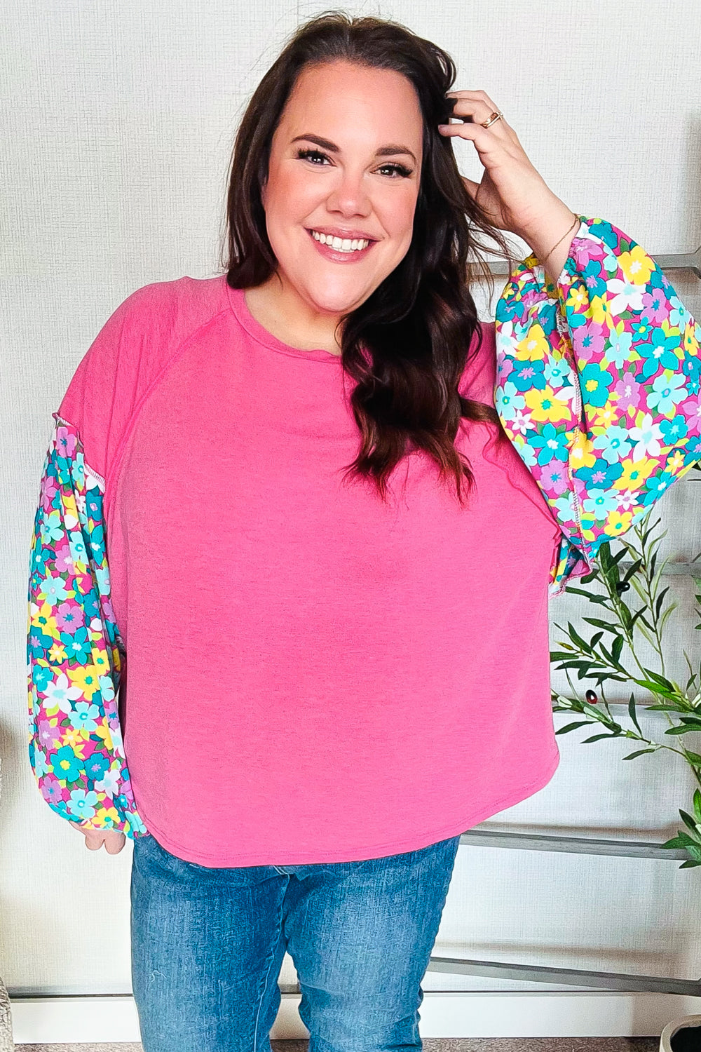 Pink & Floral Bubble Sleeve French Terry Pullover Sweatshirt for Women - Cozy Oversized Loungewear for Casual Outings & Coffee Dates