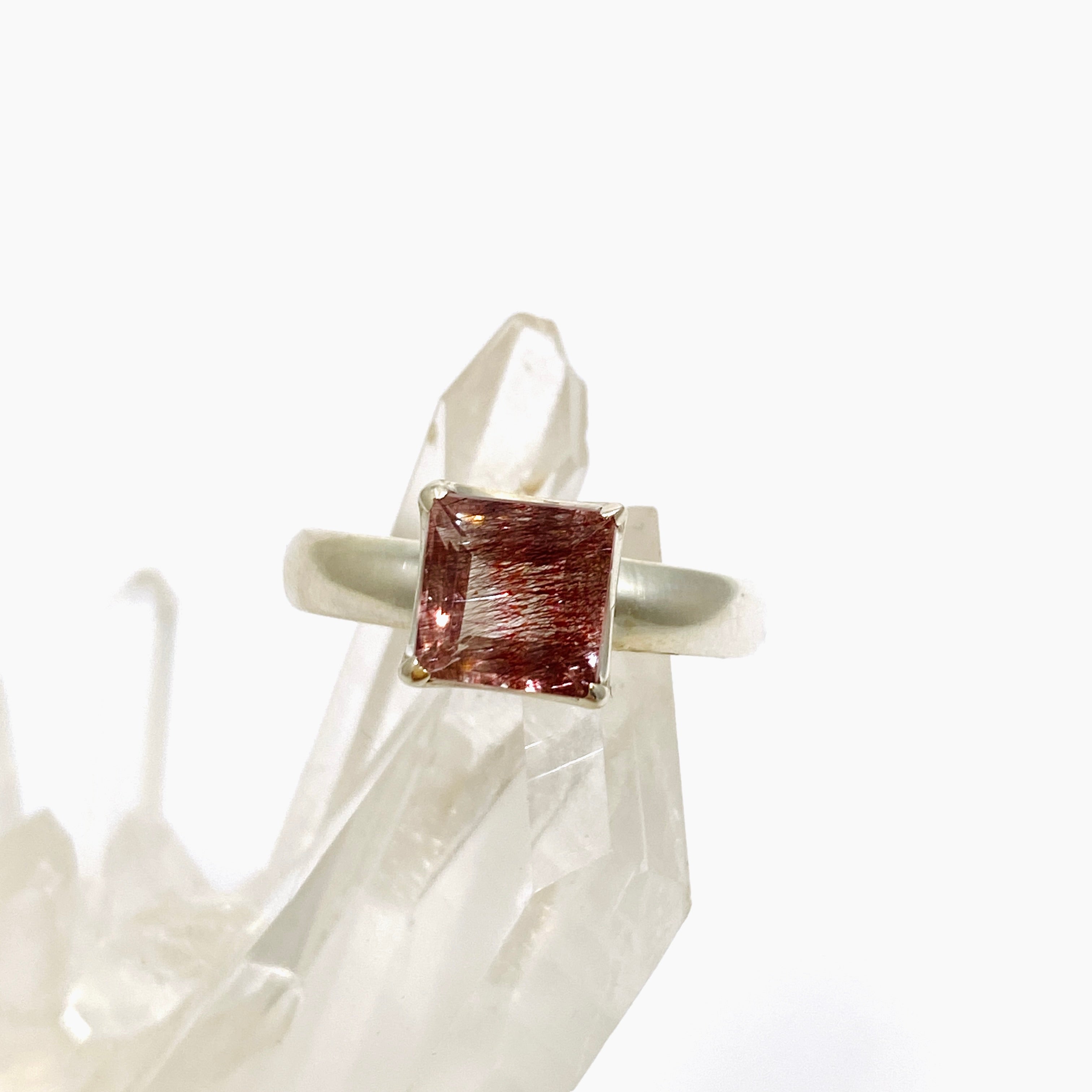 Lepidicrocite in Quartz - Square Faceted Ring Size 7.5 - Natural Inclusion Quartz Jewelry - Perfect for Boho Fashion & Crystal Healing