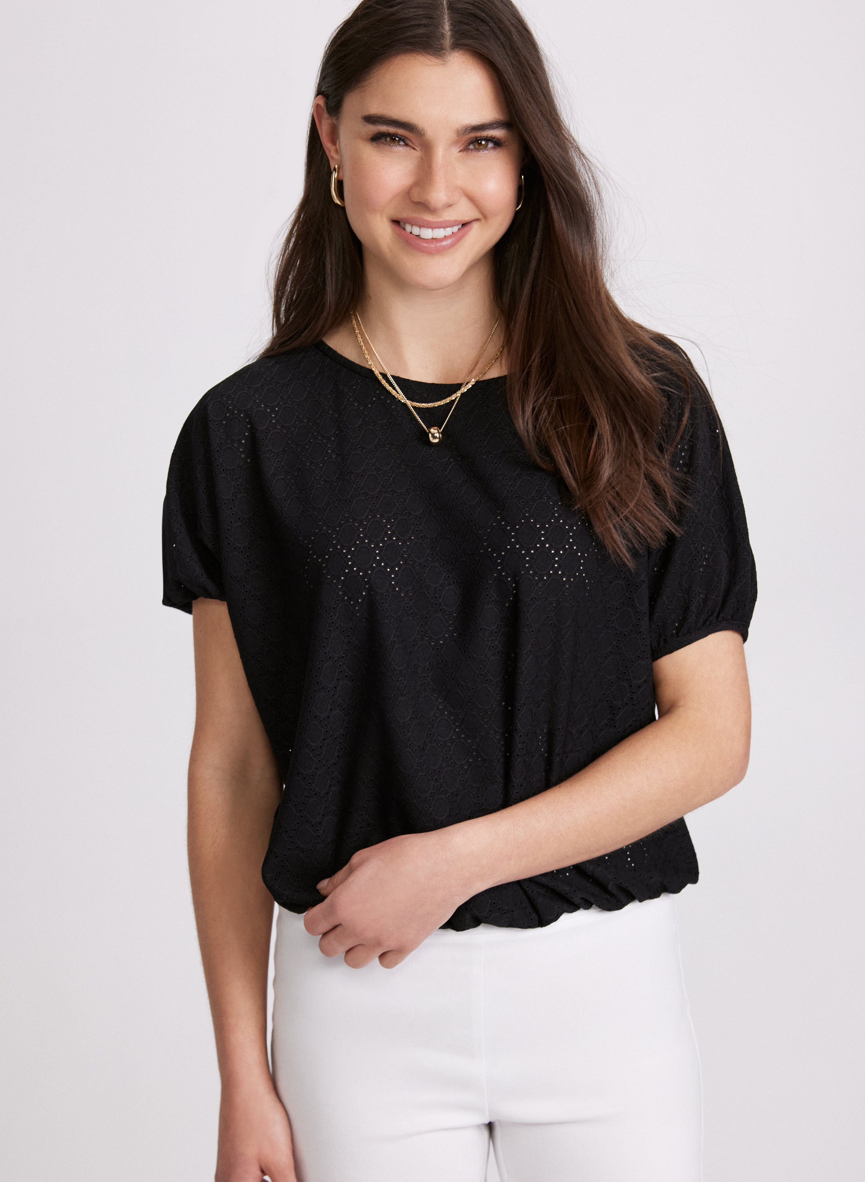 Eyelet Short Sleeve Top for Women - Breathable Summer Blouse with Lace Trim | Perfect for Beach, Vacation & Casual Outfits