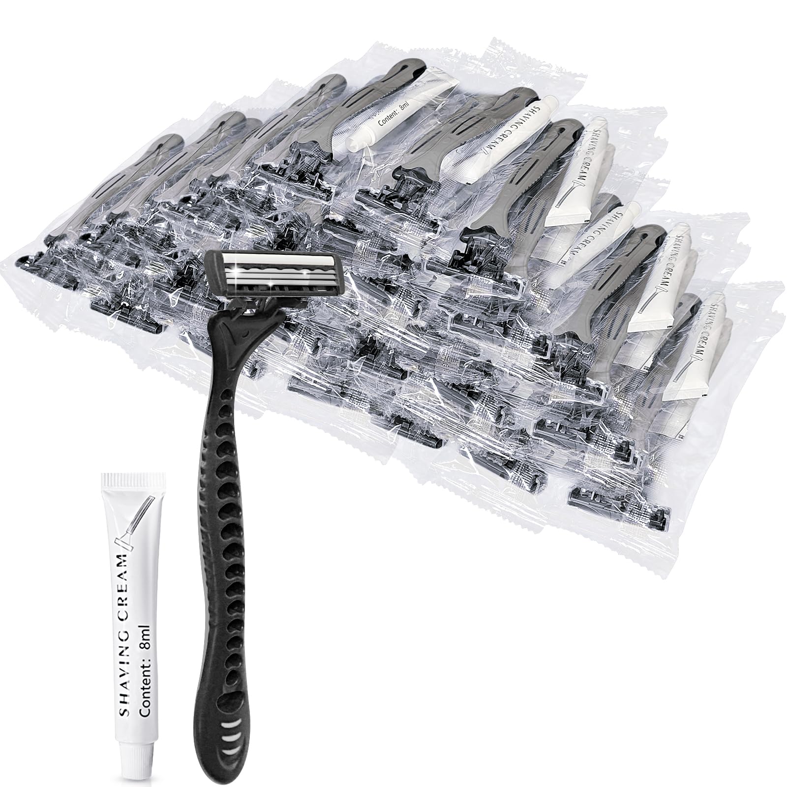 (50 Pack) Kheoxusa 3-Blade Disposable Razors for Men & Women - Triple Blade Shaving Razors Individually Wrapped - Perfect for Travel, Hotels, Airbnb, Gyms, Shelters & Personal Use - Grey Black