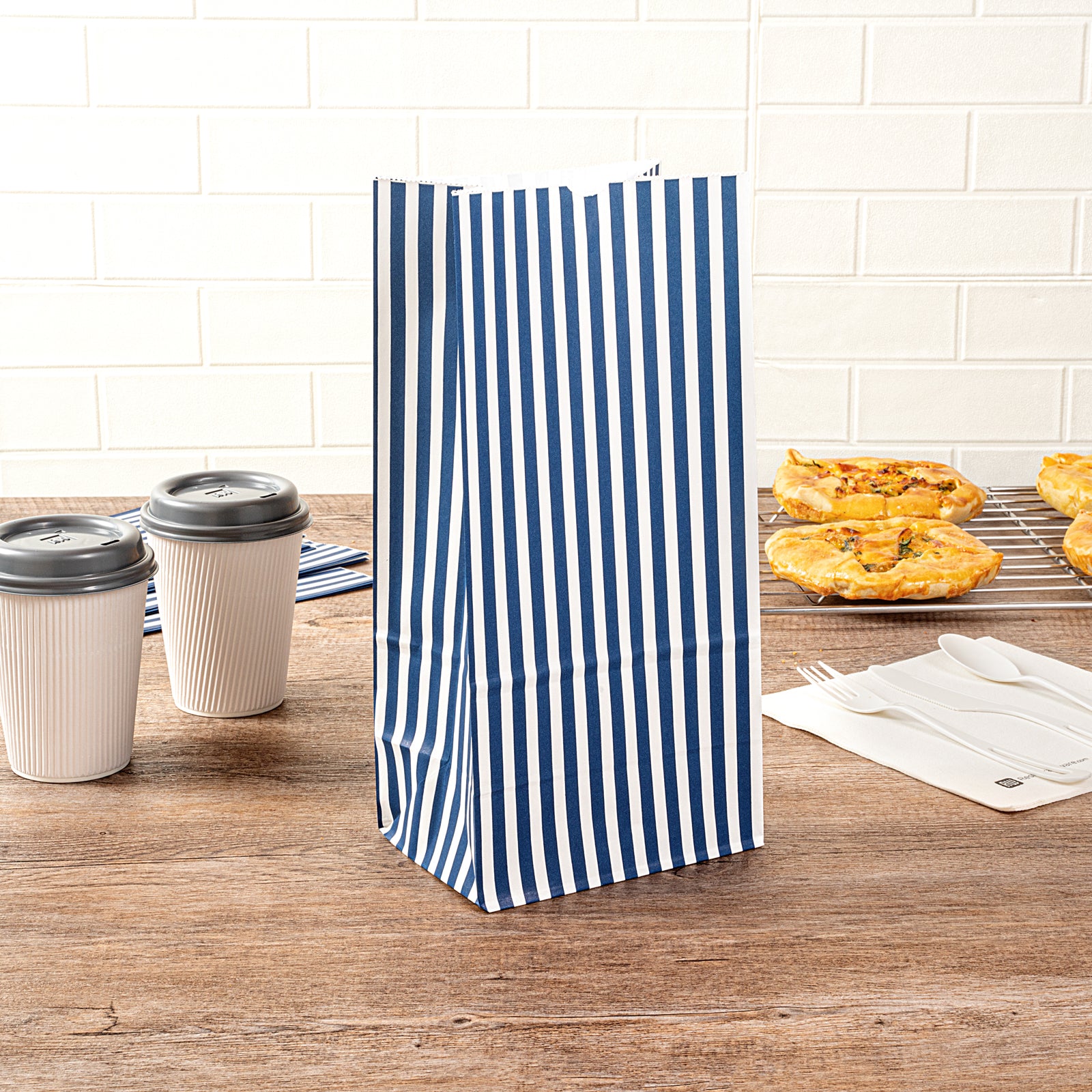 Premium Blue and White Striped Paper Bags - 8 lb Capacity, 6 x 4 x 11.75 Inches (100 Count) - Perfect for Retail Packaging, Gift Bags & Party Favors