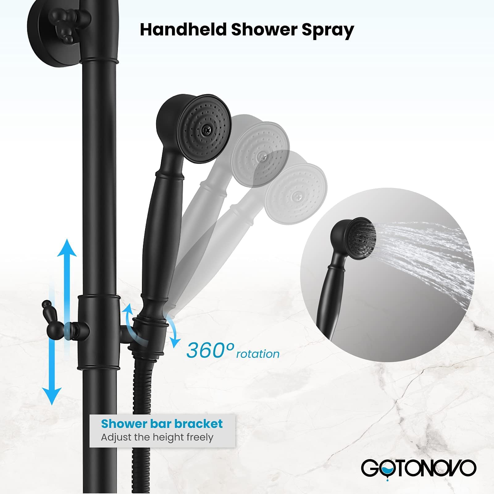 Gotonovo Matte Black Wall Mounted Outdoor Shower System - 8 Inch Rainfall Shower Head with Adjustable Handheld Sprayer & Tub Spout, Double Cross Handles for Bathroom & Garden Use