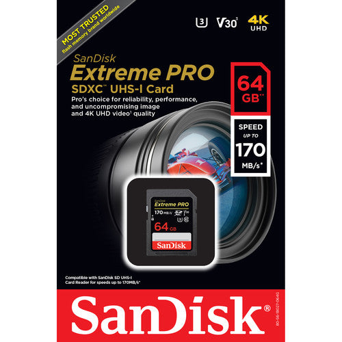 SanDisk Extreme PRO 64GB SDXC UHS-I Memory Card - 170MB/s Read Speed for DSLR Cameras, 4K Video & High-Speed Photography - Perfect for Professional Photographers & Videographers