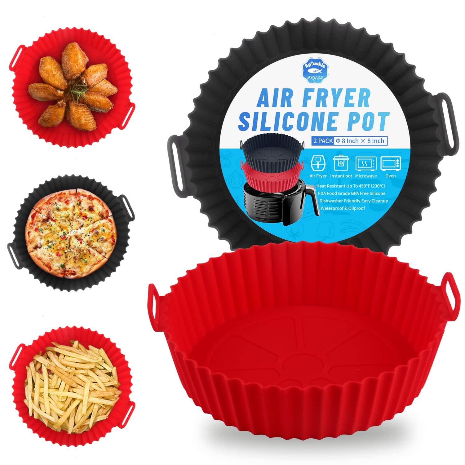 2-Pack Silicone Air Fryer Liners for 3-5 QT Baskets - Non-Toxic, Reusable & Dishwasher Safe - Perfect for Philips, Ninja, Cosori (Top 8in, Bottom 6.8in) - Ideal for Roasting, Baking & Frying with Easy Cleanup