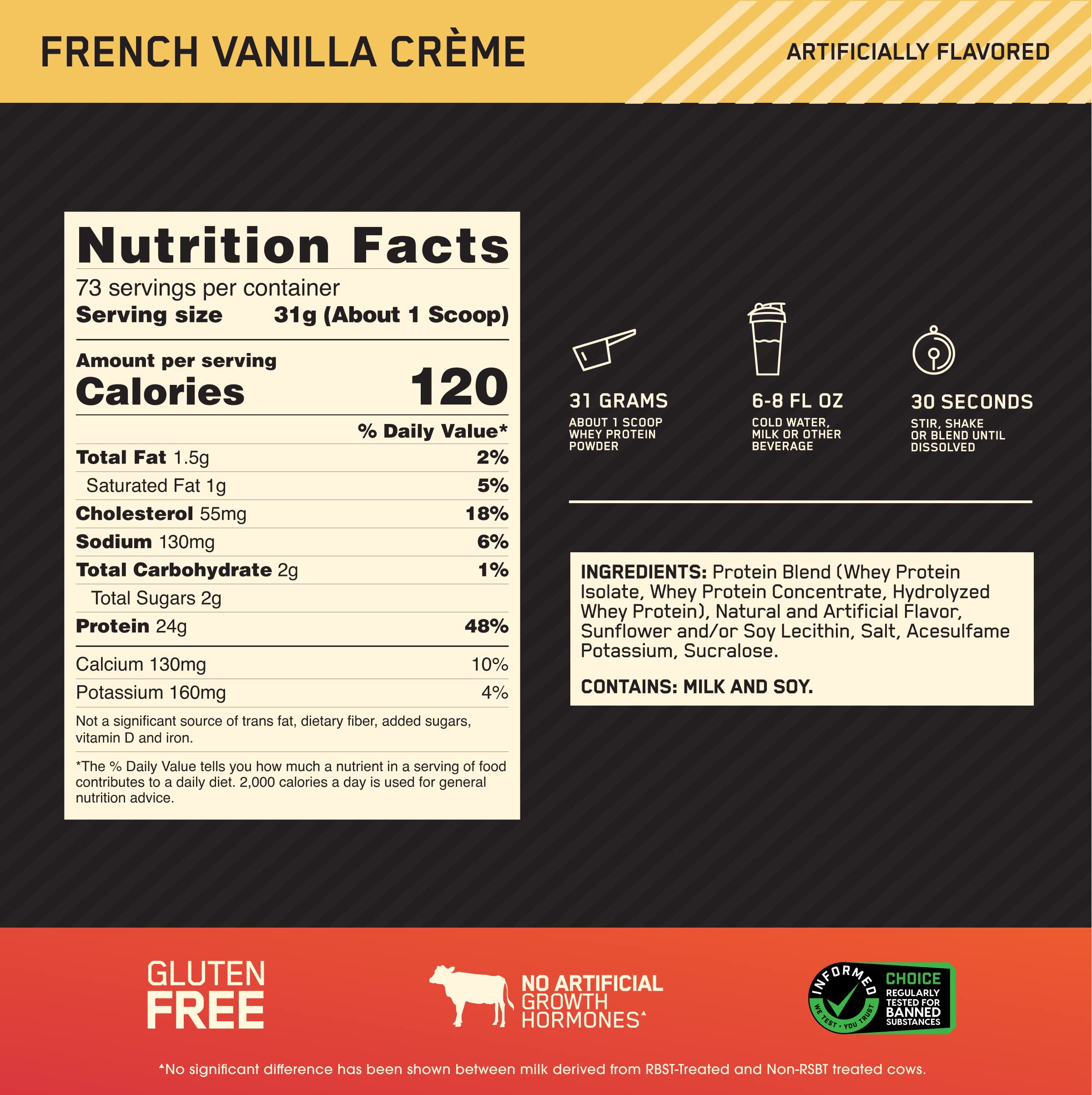 Optimum Nutrition Gold Standard 100% Whey Protein Powder - 2.27kg (5lbs) French Vanilla Flavor - 73 Servings | Muscle Recovery & Post-Workout Supplement for Athletes & Fitness Enthusiasts