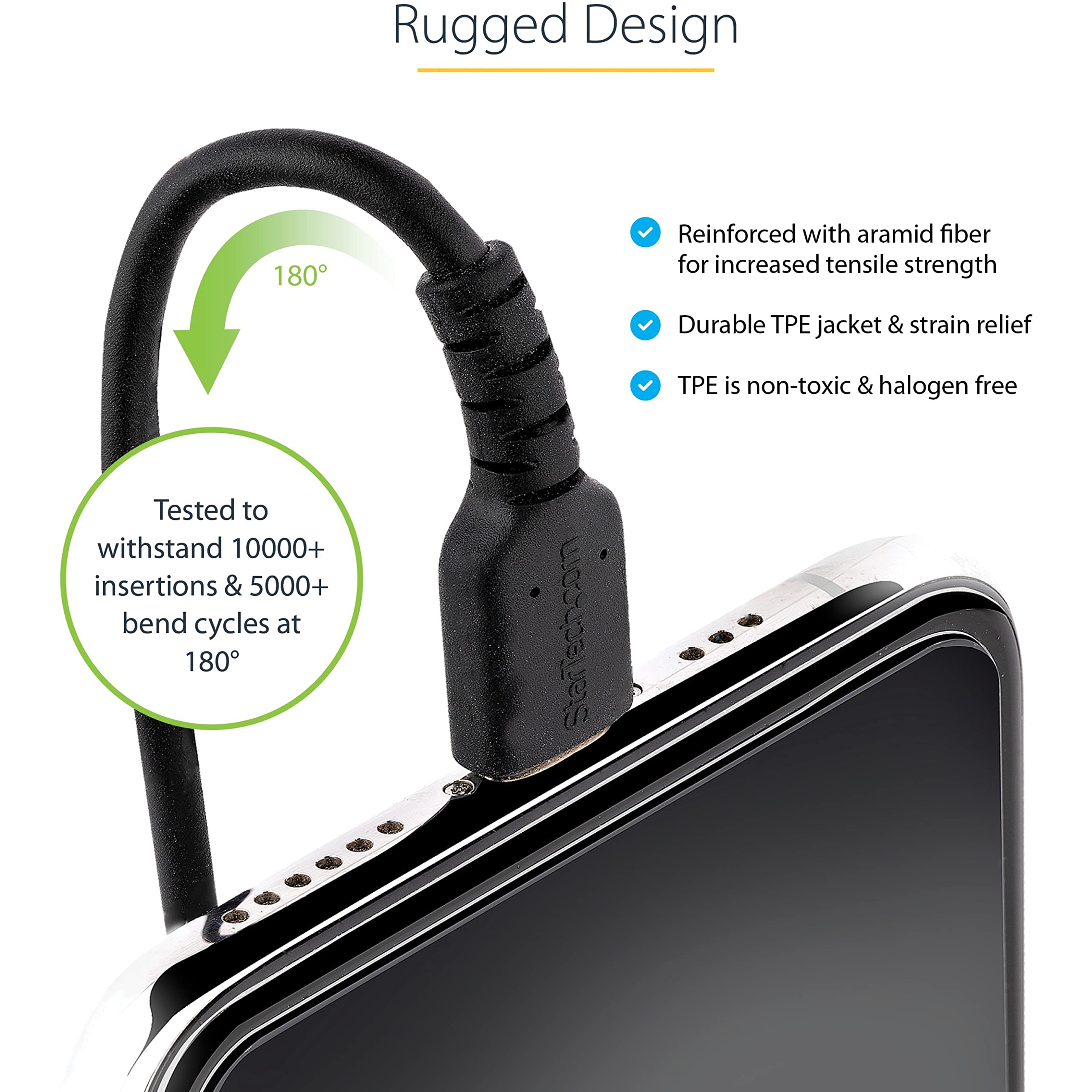 StarTech.com 20in / 50cm USB C to Lightning Cable - MFi Certified iPhone Charger with Durable TPE Jacket & Aramid Fiber - Heavy Duty Coiled Charging Cable for iPhone (Black) - Perfect for Home, Office, and Travel Use
