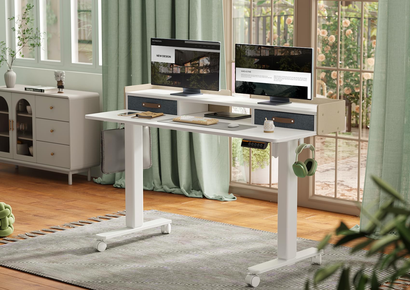YDN 55 Inch Electric Standing Desk with Drawers - Adjustable Height Sit Stand Desk with Storage Shelf, White - Perfect for Home Office, Small Spaces & Ergonomic Workstations