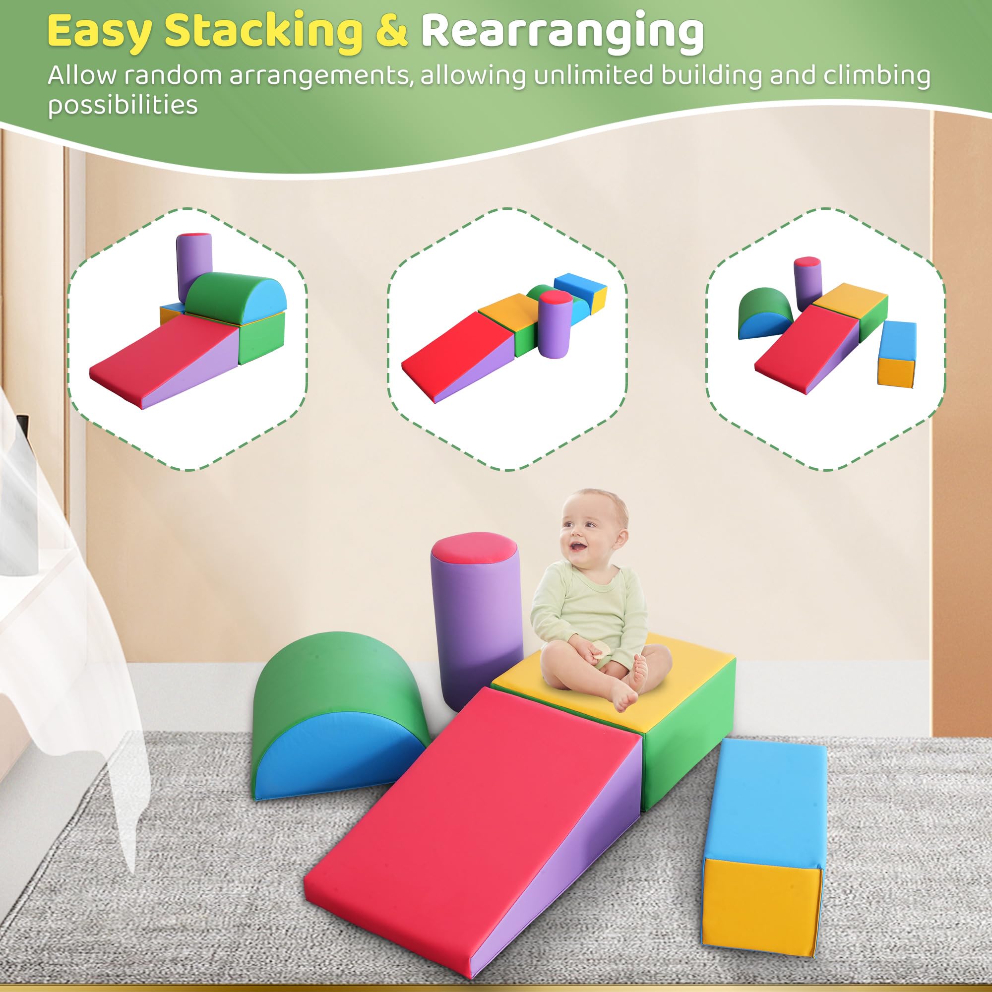 Foam Climbing Blocks for Toddlers 1-3 Years - 5-Piece Indoor Active Play Set for Kids, Safe Climb and Crawl Activity Toys for Home, Preschool & Daycare - Perfect for Developing Motor Skills & Active Playtime
