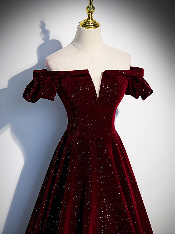 Elegant A-Line Off Shoulder Velvet Burgundy Short Prom Dress | Homecoming Party Dress for Women | Perfect for Dances, Formal Events & Special Occasions