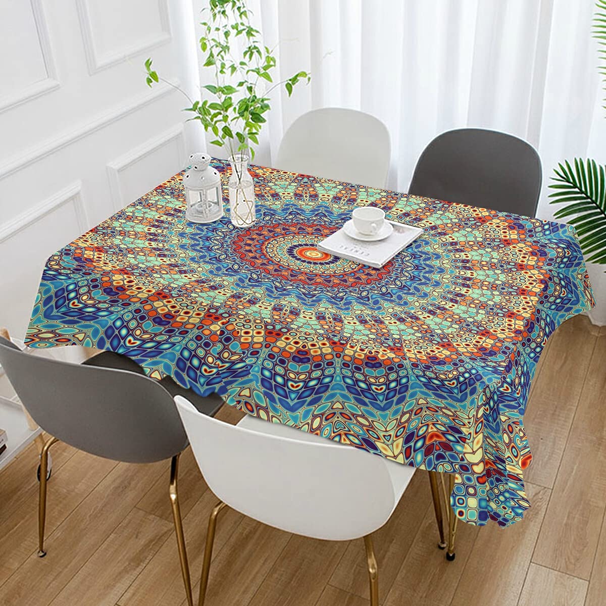Waterproof & Oil-Resistant 54x54 Inch Mandala Rectangle Tablecloth - Durable Square Table Cover for Dining, Buffet, Party & Outdoor Picnics