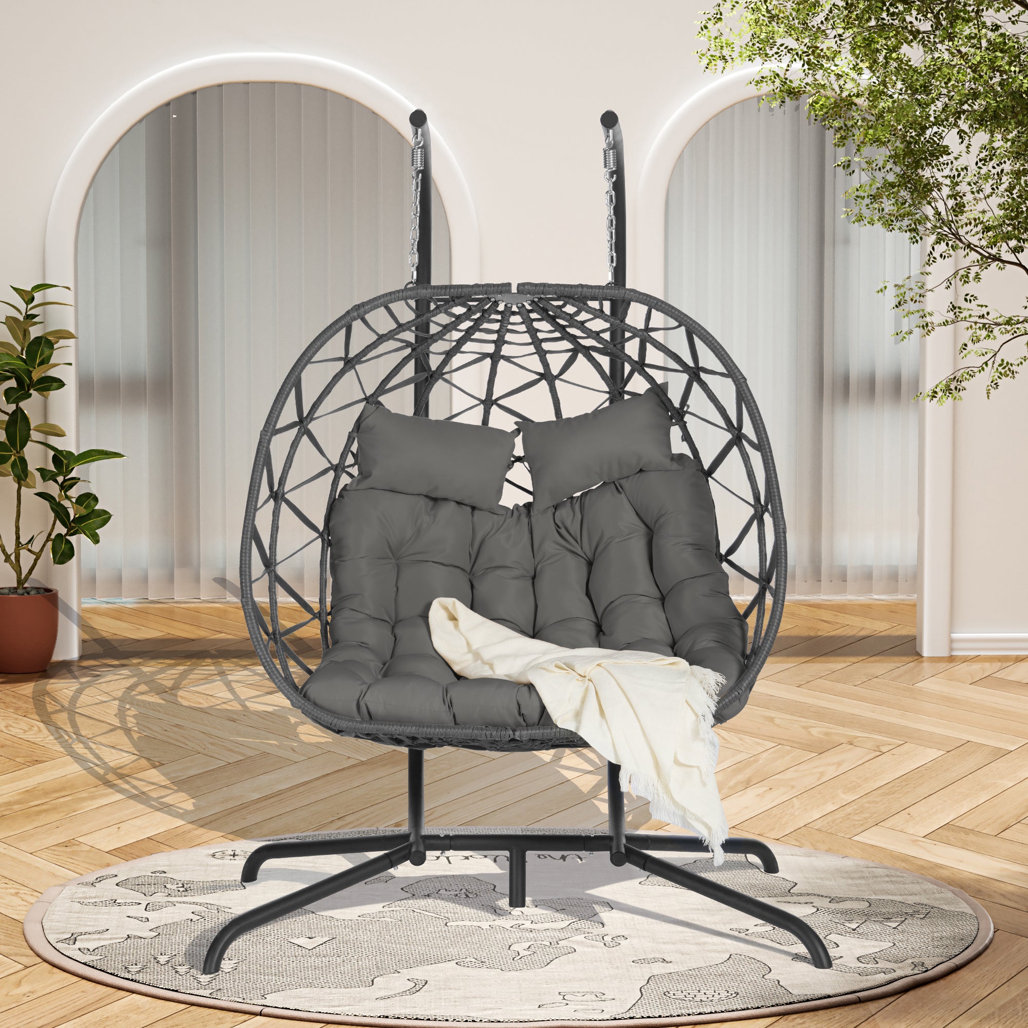 Double Egg Chair with Stand - Hanging Indoor/Outdoor Wicker Rattan Swing Chair with UV-Resistant Cushions (600 lbs Capacity) - Perfect for Bedroom, Balcony, Patio & Garden Relaxation
