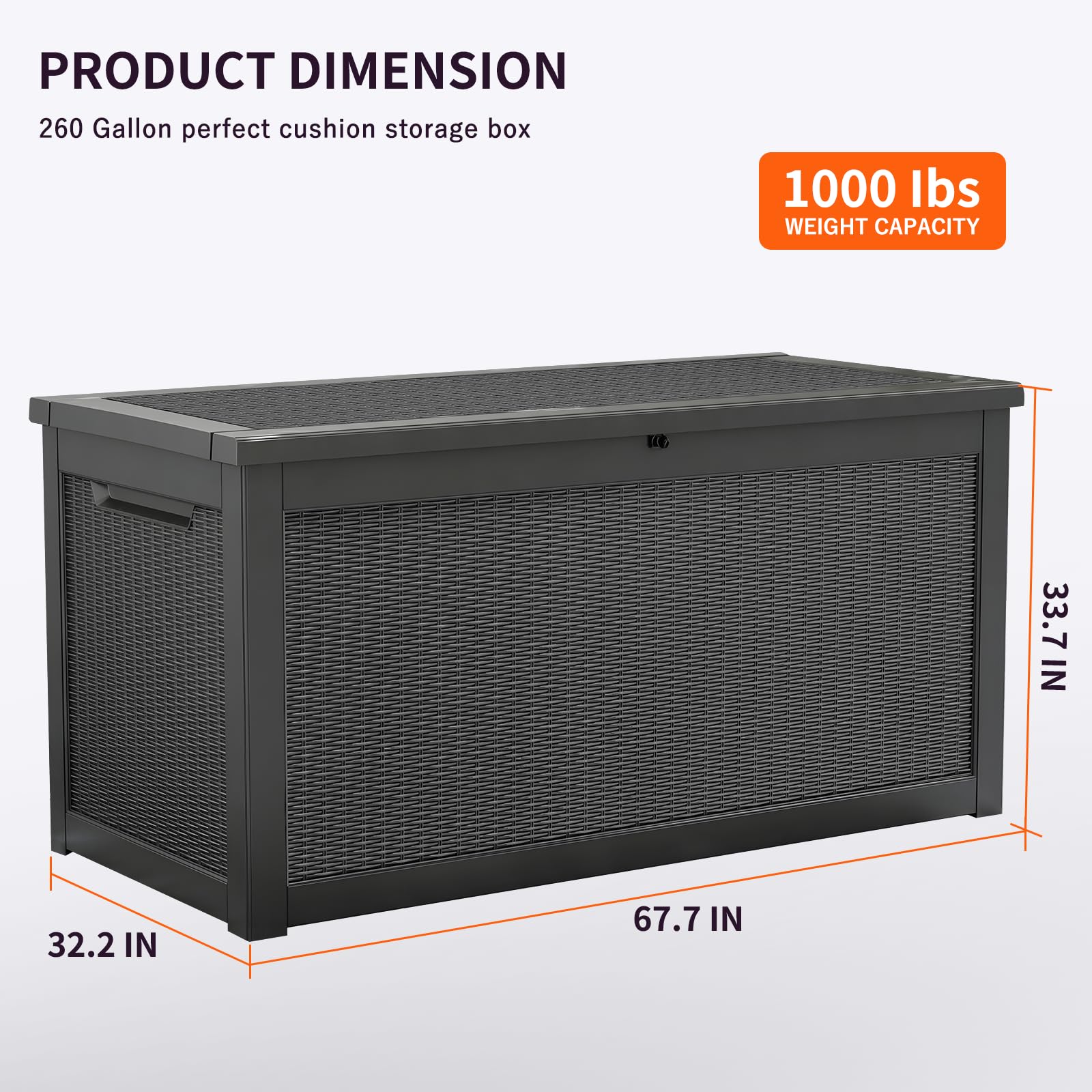 260 Gallon Outdoor Storage Box - Waterproof Resin Deck Box with Lockable Lid - Large Patio Furniture Storage for Cushions, Pool Supplies & Garden Tools - Weatherproof Black Deck Box for Backyard, Poolside & Garden Organization