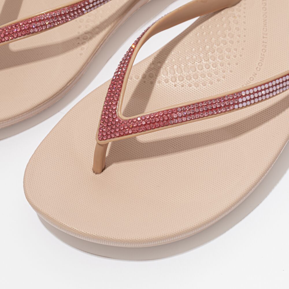 FitFlop Iqushion Sparkle Ombre Flip Flops Sandals for Women - Comfortable Beige & Pink Shimmering Summer Sandals | Perfect for Beach, Pool, and Casual Outings