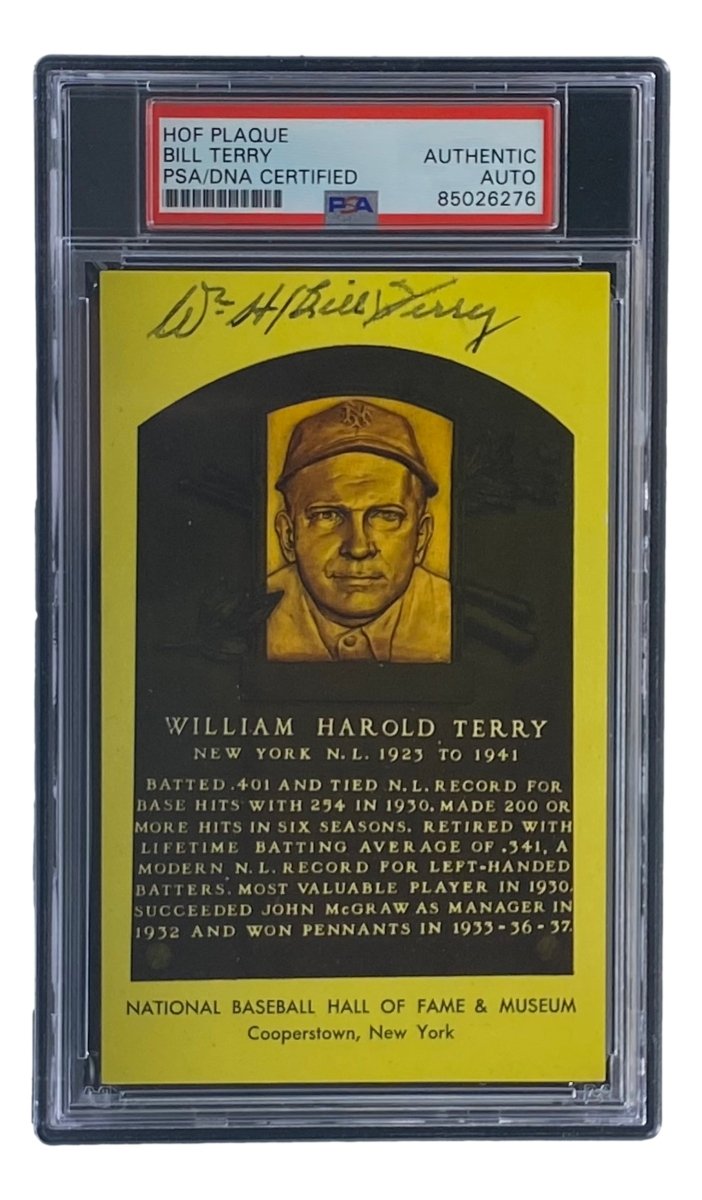 Bill Terry Autographed 4x6 New York Giants Hall of Fame Plaque Card with PSA/DNA Certification #85026276 - Perfect for Sports Memorabilia Collectors and Giants Fans
