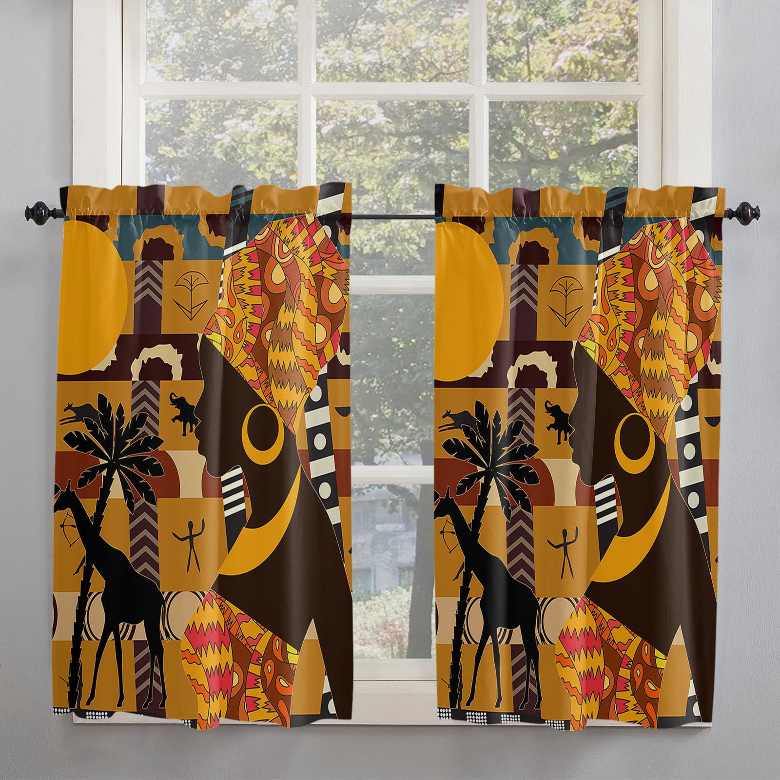 African Elephant & Giraffe Print Tier Curtains - 52x45 Inch Black Women Art Rod Pocket Drapes for Kitchen, Bathroom & Living Room Windows | Privacy Half Window Treatments & Cafe Decor | Perfect for Small Windows, Dorm Rooms & Cozy Spaces