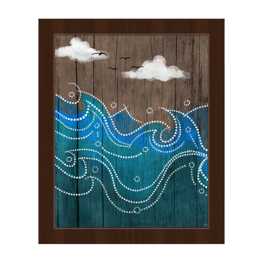 Nautical Ocean Waves Canvas Wall Art - Blue Waters Beach Theme Painting with Espresso Frame | Perfect for Coastal Decor, Living Room & Bedroom Wall Decor