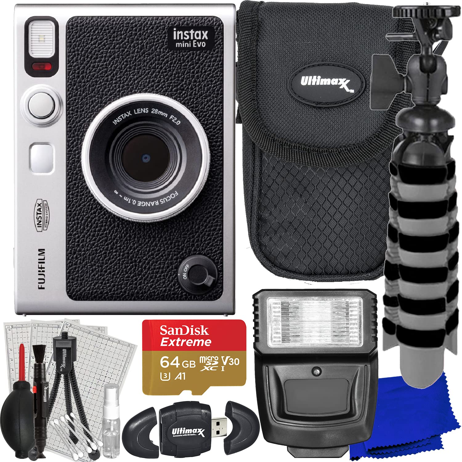Ultimaxx Advanced Bundle with FUJIFILM INSTAX MINI EVO Hybrid Instant Camera - Includes SanDisk 64GB Extreme microSD, Mini Tripod, Flash & Waterproof Case (15pc Set) - Perfect for Travel, Parties & Instant Photography