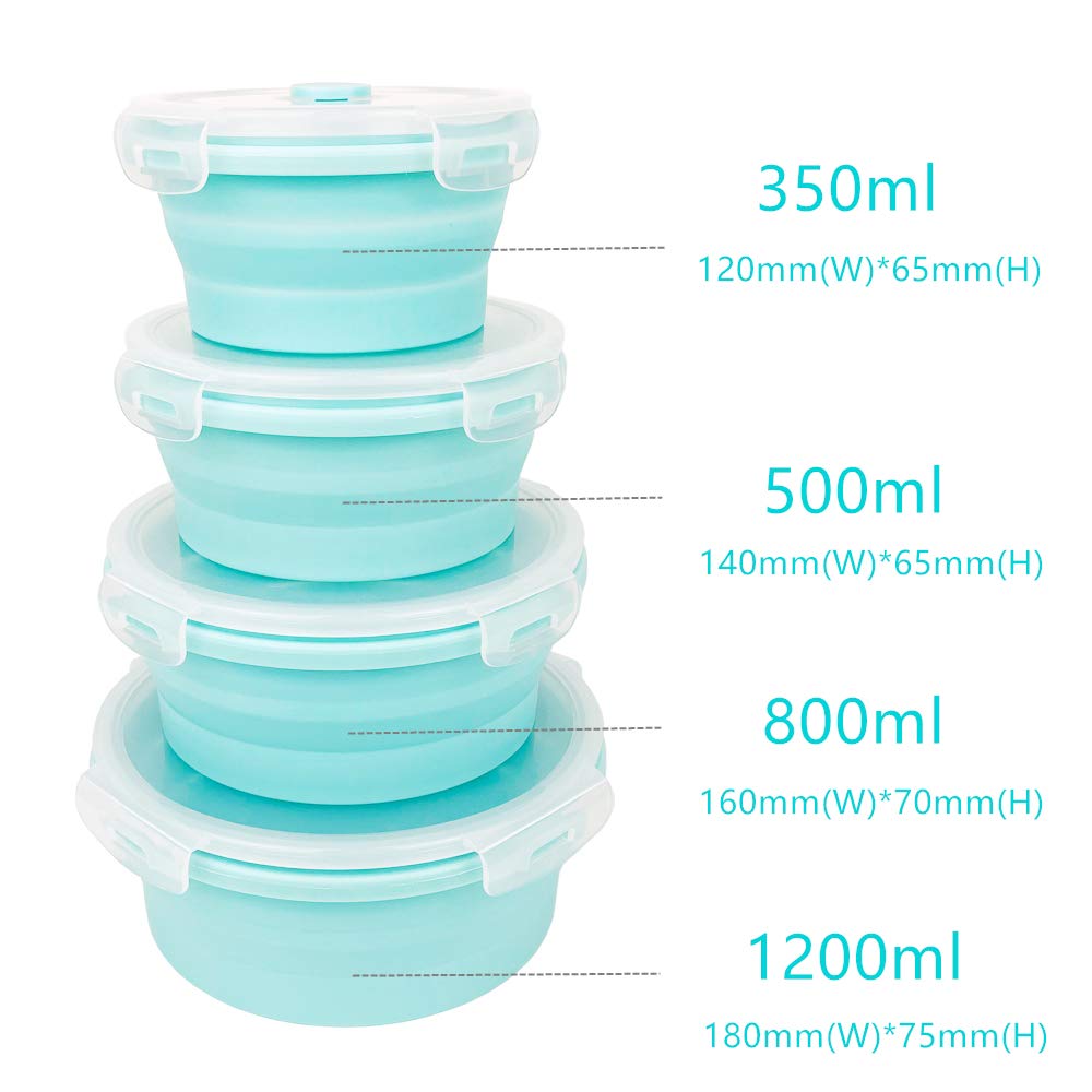 Collapsible Silicone Food Storage Bowls with Airtight Lids - 4-Piece Set (Blue) | Microwave & Freezer Safe | Perfect for Meal Prep, Kitchen Organization, RV Travel & Lunch Boxes