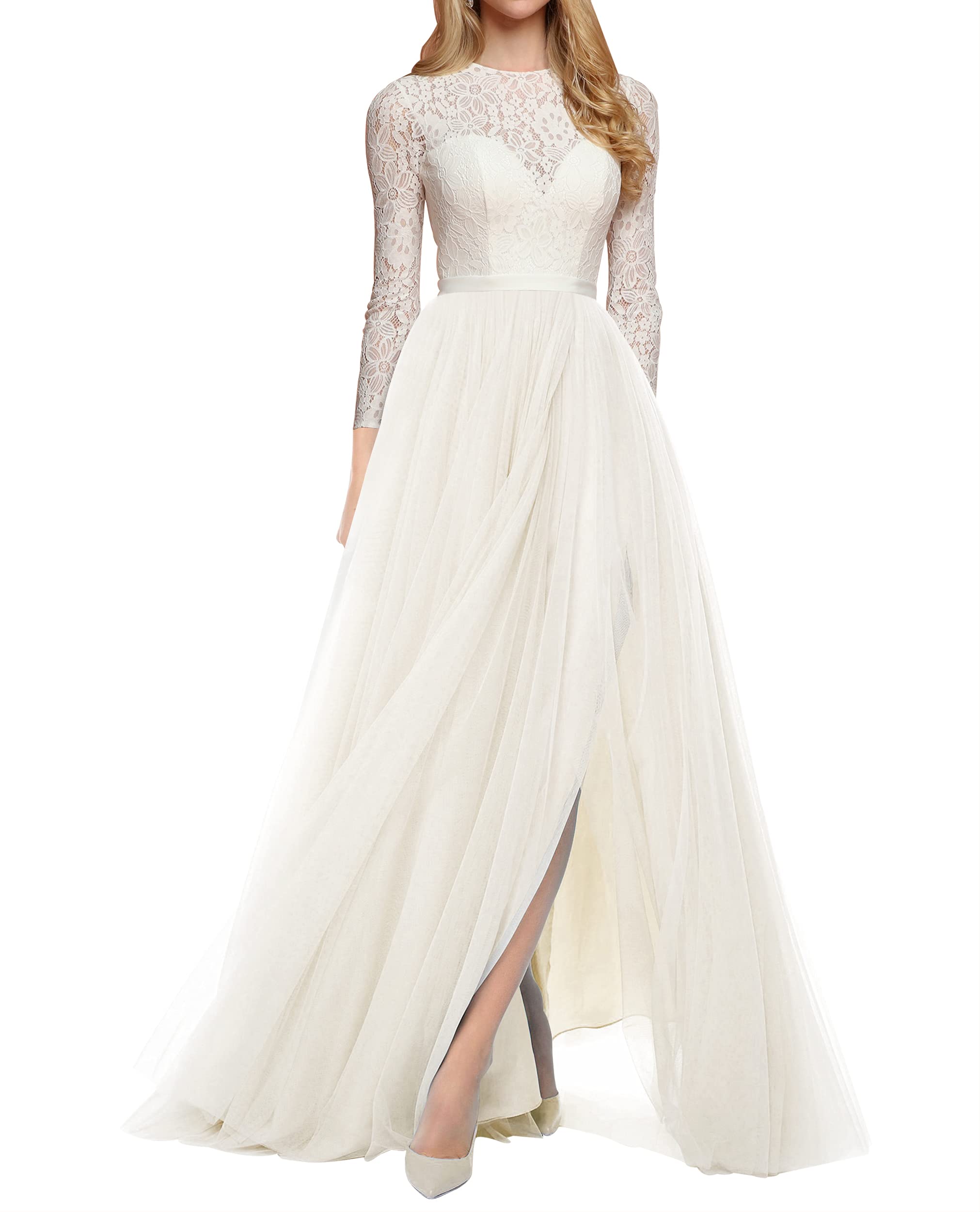 Elegant Long Sleeve Lace Wedding Dress with Tulle Skirt & Front Slit - Perfect for Bridal Ceremony, Vow Renewal, and Formal Evening Events