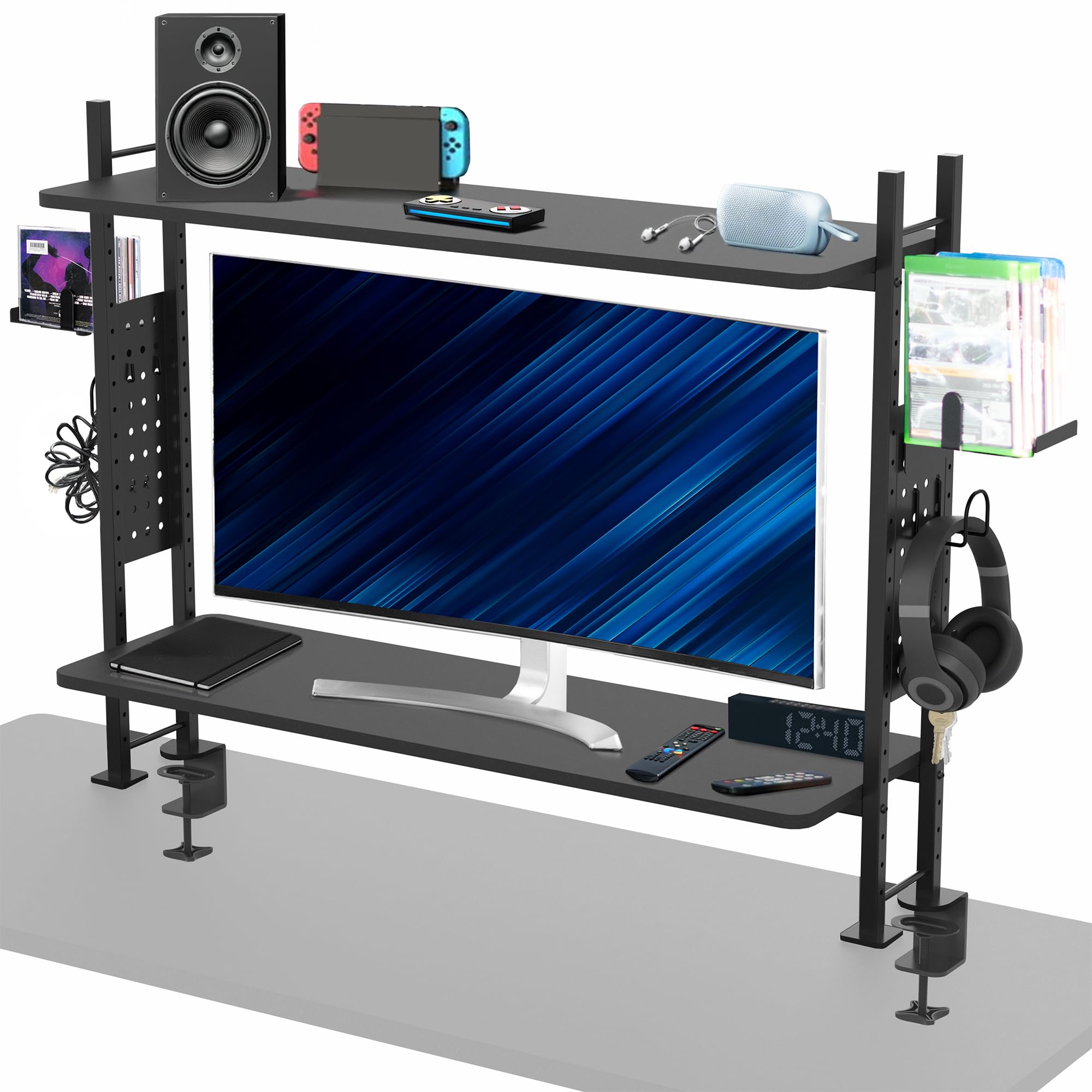 VIVO 40 Inch Black Clamp-on 2-Tier Desk Shelf with Pegboard - Organizer for Table Accessories, Gaming Devices, Office Supplies - Perfect for Home Office, Gaming Setup & Workspace Organization