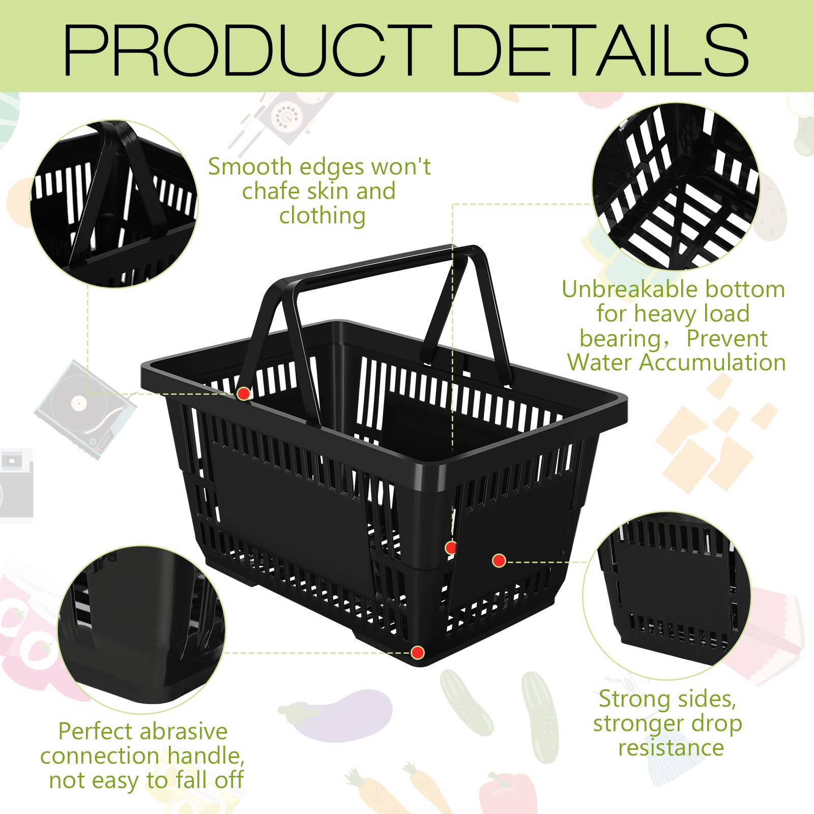 20 Pack Heavy Duty Plastic Shopping Baskets with Handles - 20L Grocery Baskets 16.9