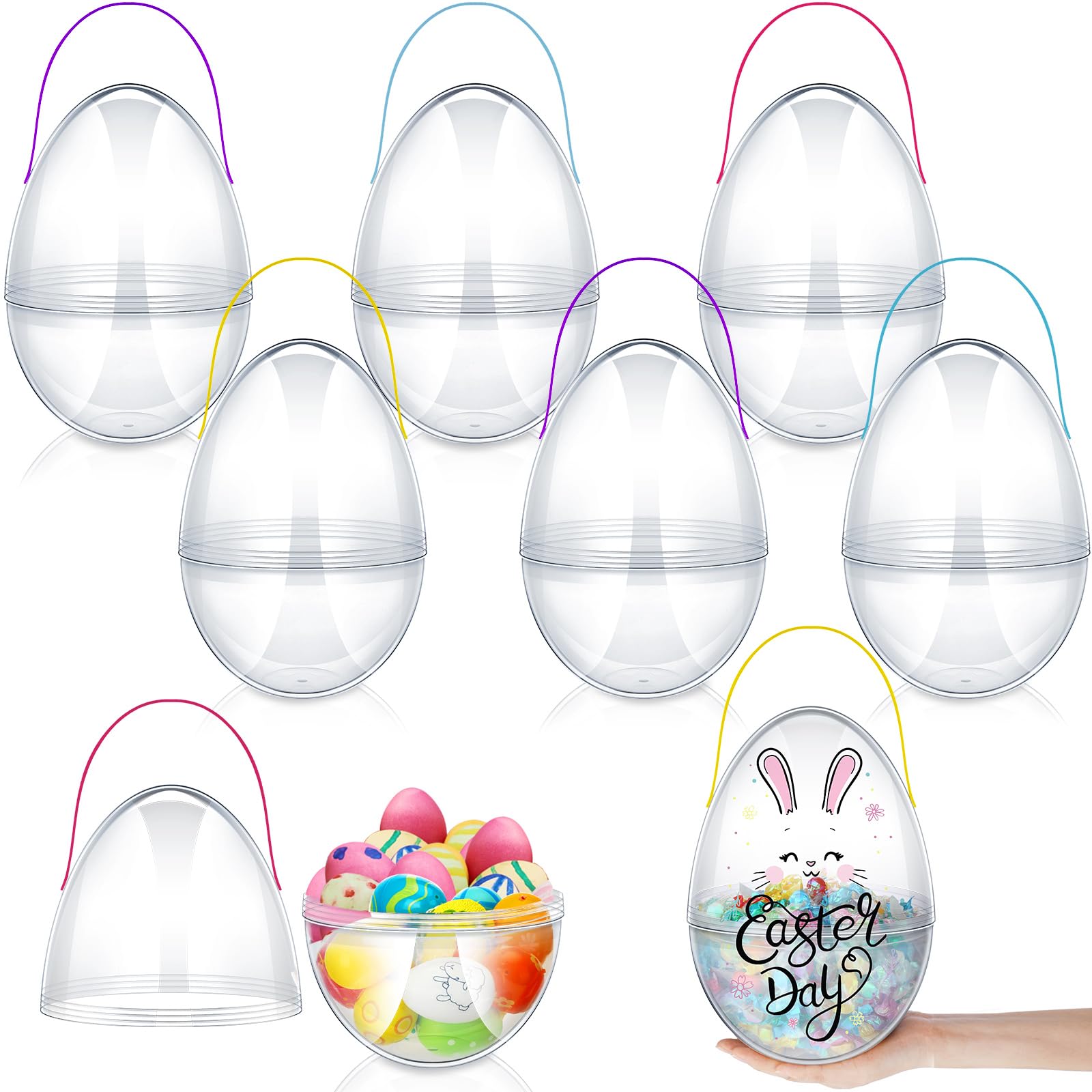 Funtery 8-Piece Jumbo Easter Eggs Set - 10 Inch Large Plastic Easter Eggs with Handles, Clear Fillable Bunny Egg Baskets for Easter Decorations (Bright Colors) - Perfect for Easter Egg Hunts, Party Decor, and Spring Home Decor