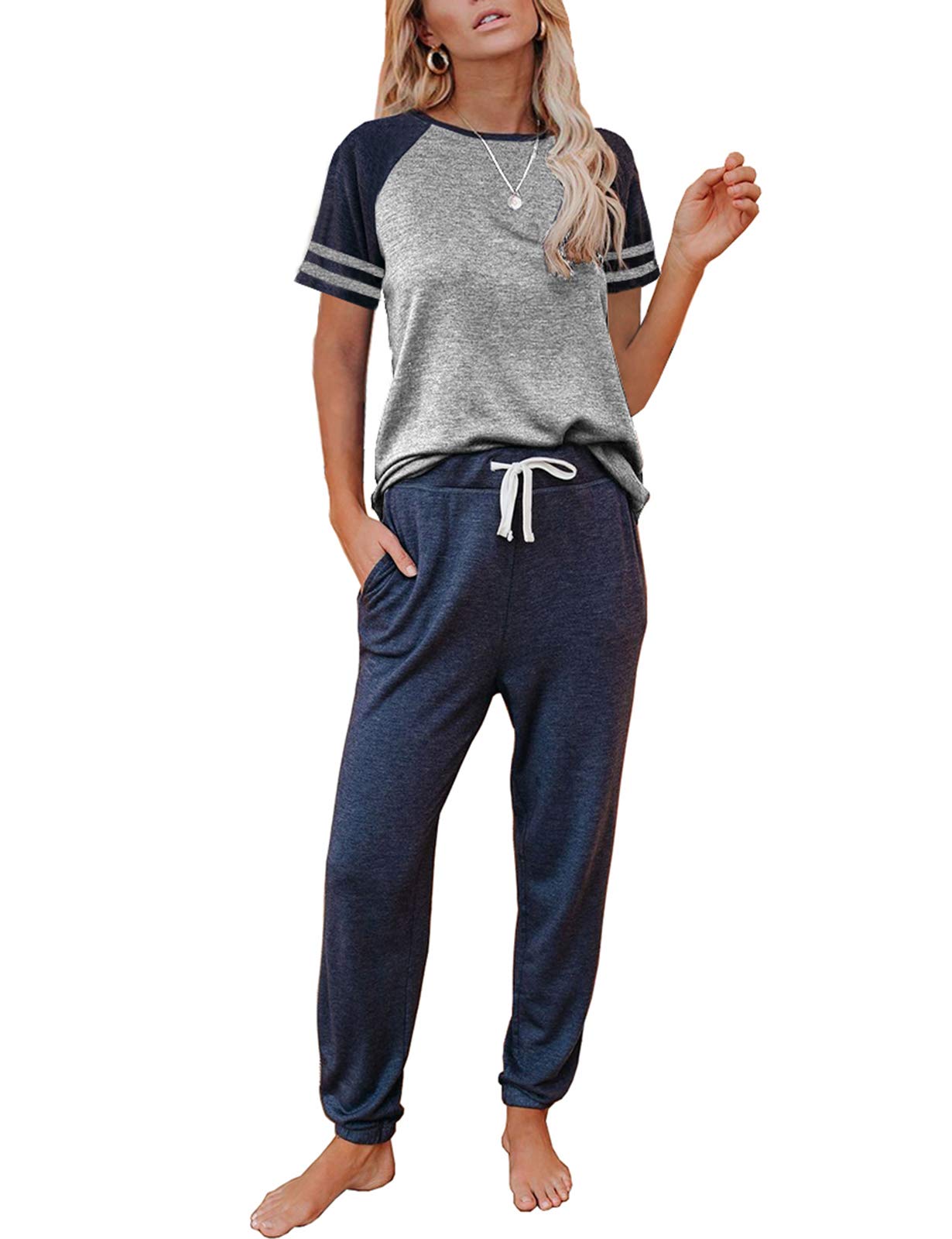 Women's 2-Piece Lounge Set - Short Sleeve Jogger Pajama Outfit for Home & Travel