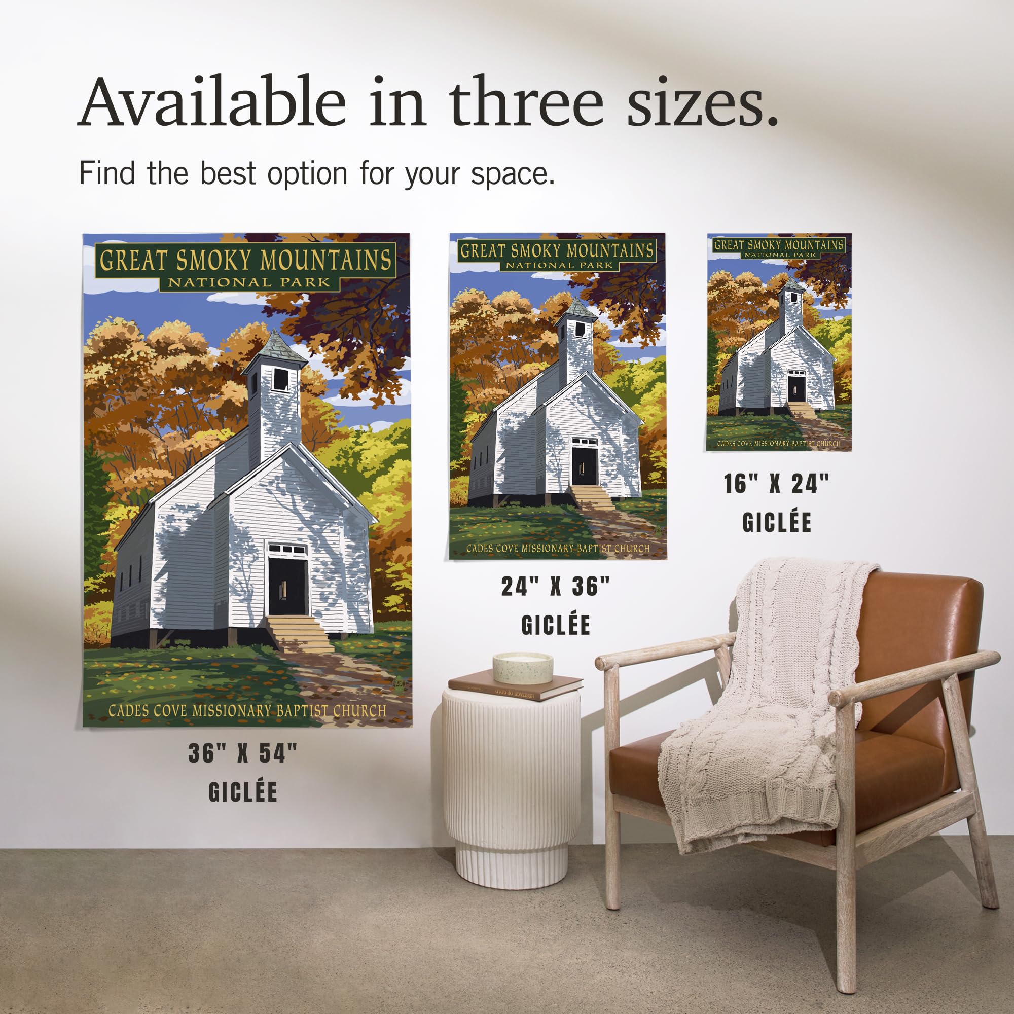 Lantern Press 24x36 Inch Giclee Art Print - Great Smoky Mountains National Park Landscape Wall Decor - Tennessee Cades Cove Baptist Church Painting - Perfect for Living Room, Bedroom & Office Decor