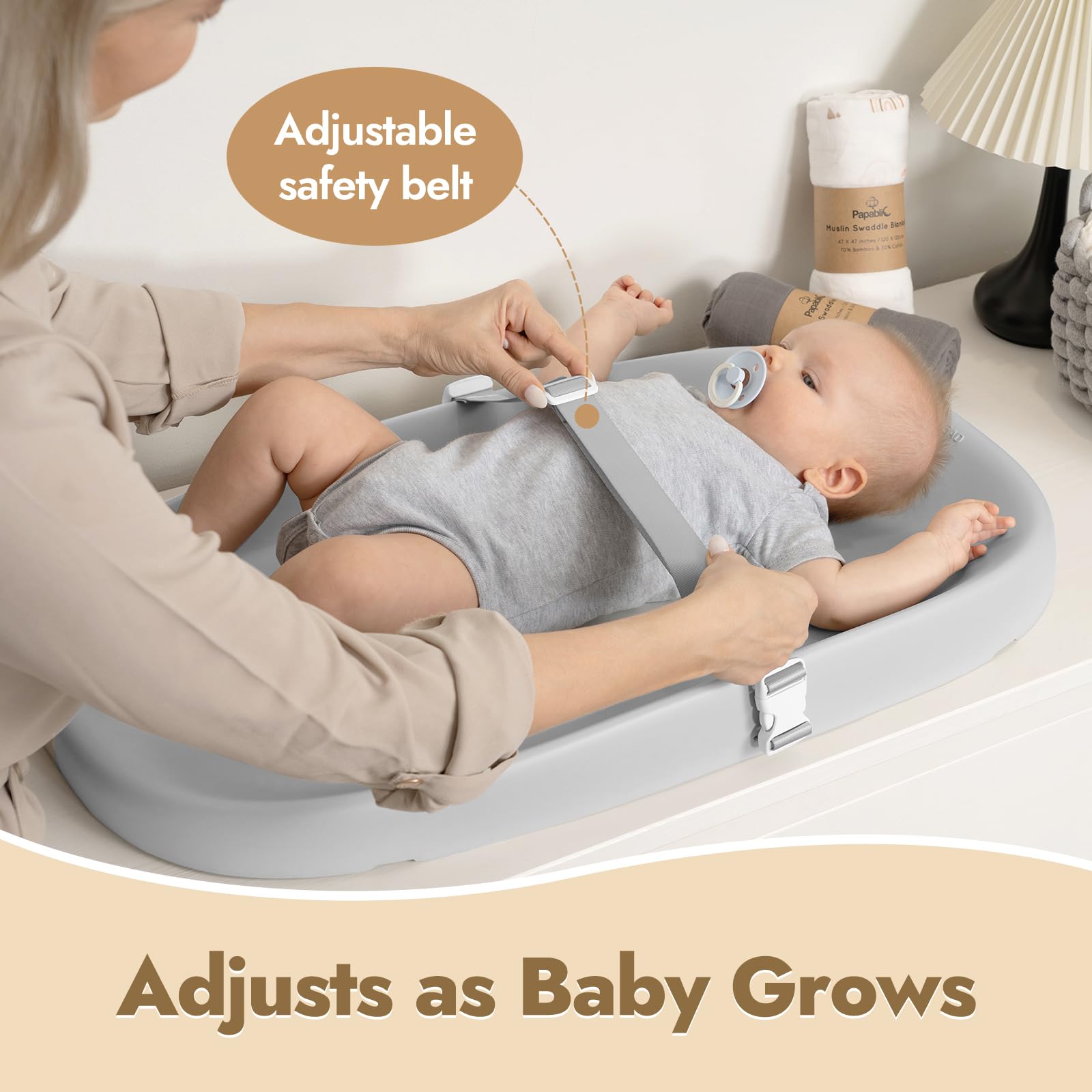 Papablic Wipeable Baby Changing Pad with Removable Safety Strap - Waterproof, Non-Slip & Easy to Clean - Perfect for Nursery Dresser, Bed & Travel Use