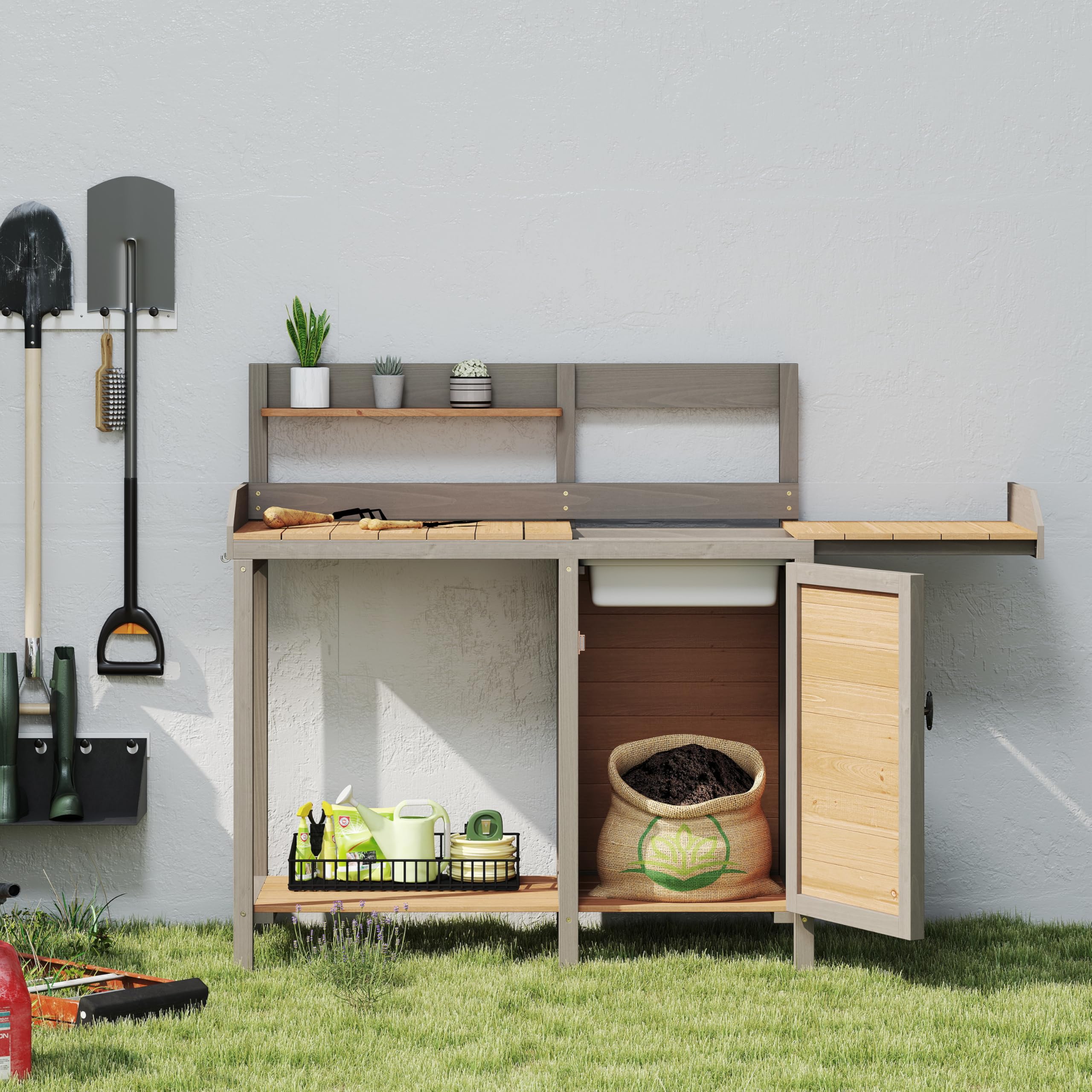 Wooden Potting Bench with Sink - Outdoor Garden Work Table with Storage Shelf | Perfect for Planting, Gardening, and DIY Projects on Patio, Lawn or Backyard