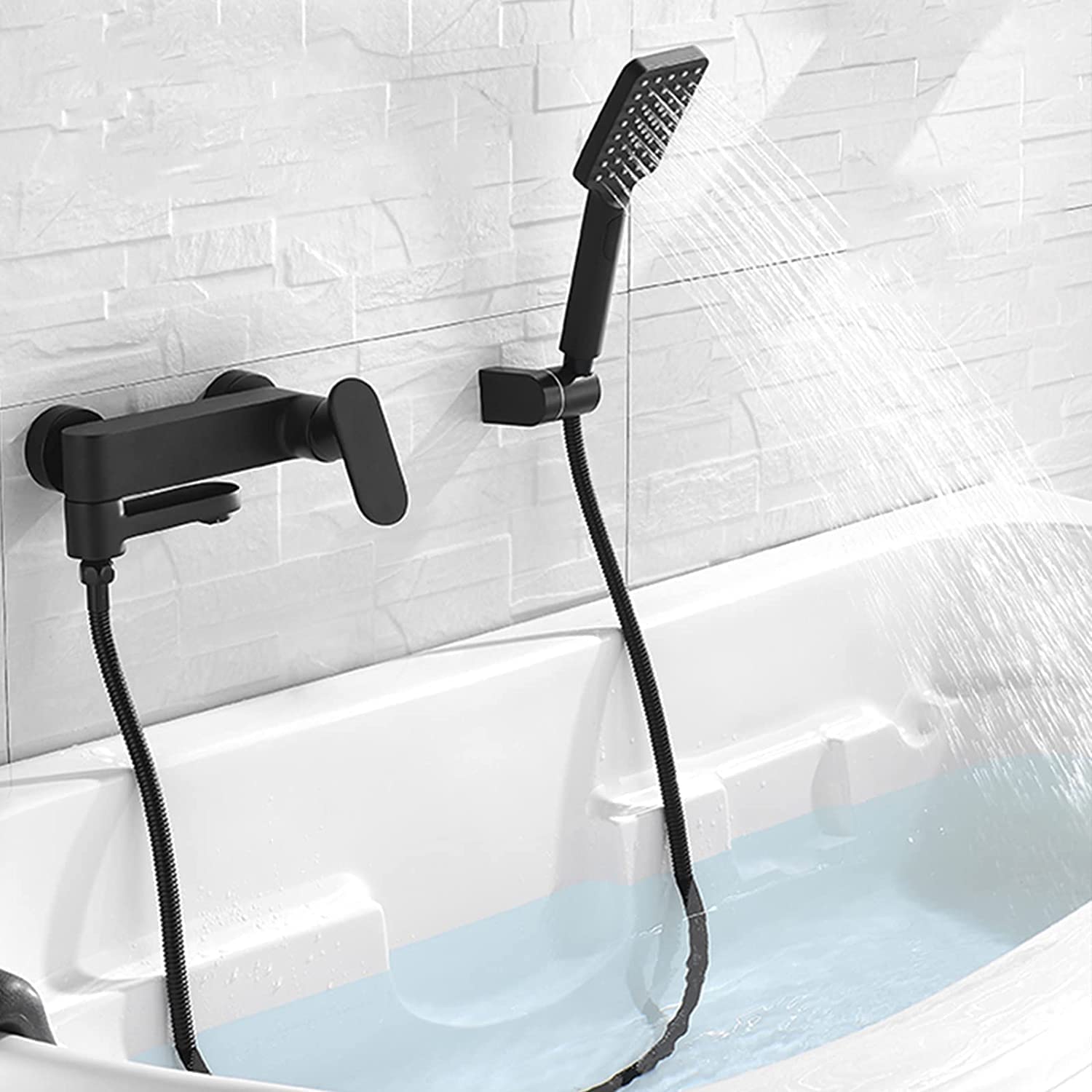 Premium Black Brass Bathroom Shower Faucet Set with Swivel Spout & Handheld Showerhead - Wall Mounted Hot/Cold Bathtub Mixer Tap for Modern Bathroom & Spa Experience