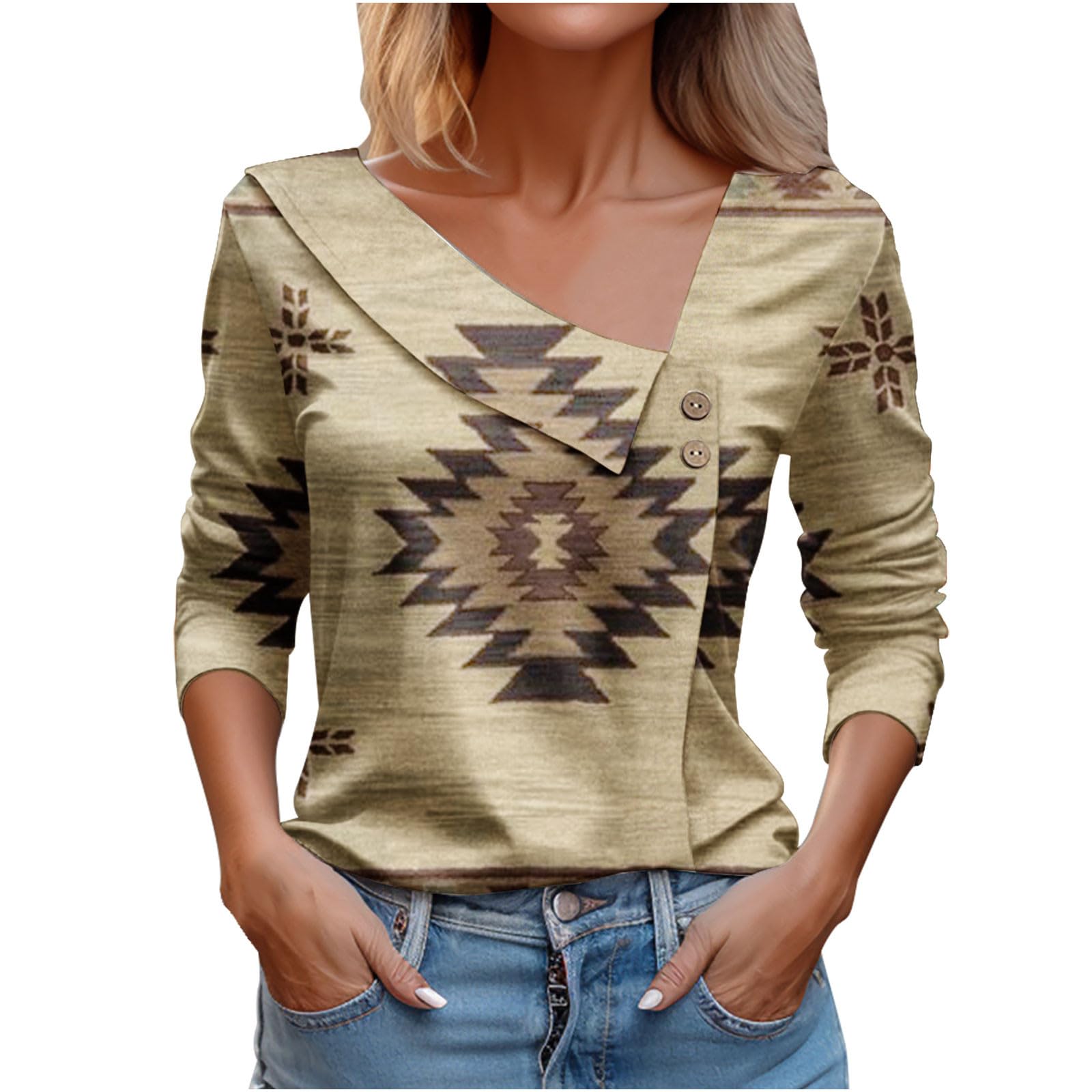 Women's Plaid V-Neck Tunic Blouse - Spring Summer 2024 Long Sleeve Loose Shirt for Casual Wear
