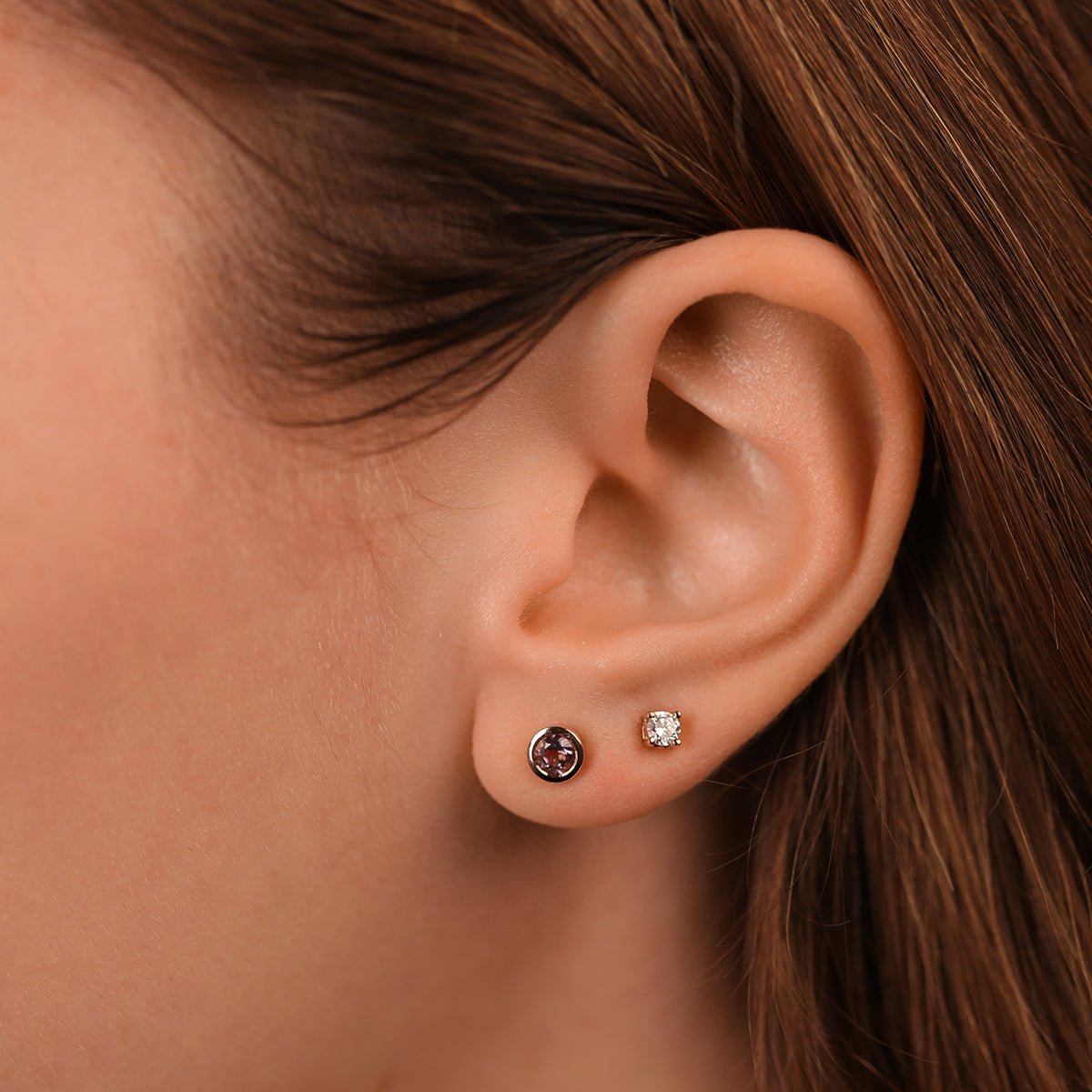 14K Rose Gold Round Amethyst Stud Earrings - Bezel Set Gemstone Jewelry for Women, Gift for Her, Birthday, Anniversary, Valentine's Day