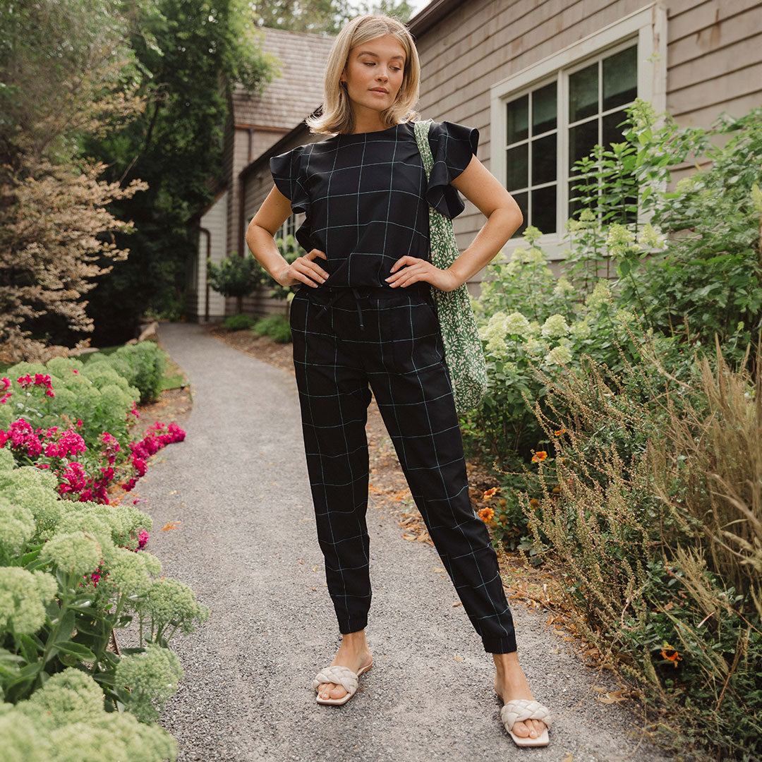 9 to 9 Women's Black Windowpane Jumpsuit - Stylish One-Piece Outfit for Work, Office & Casual Wear
