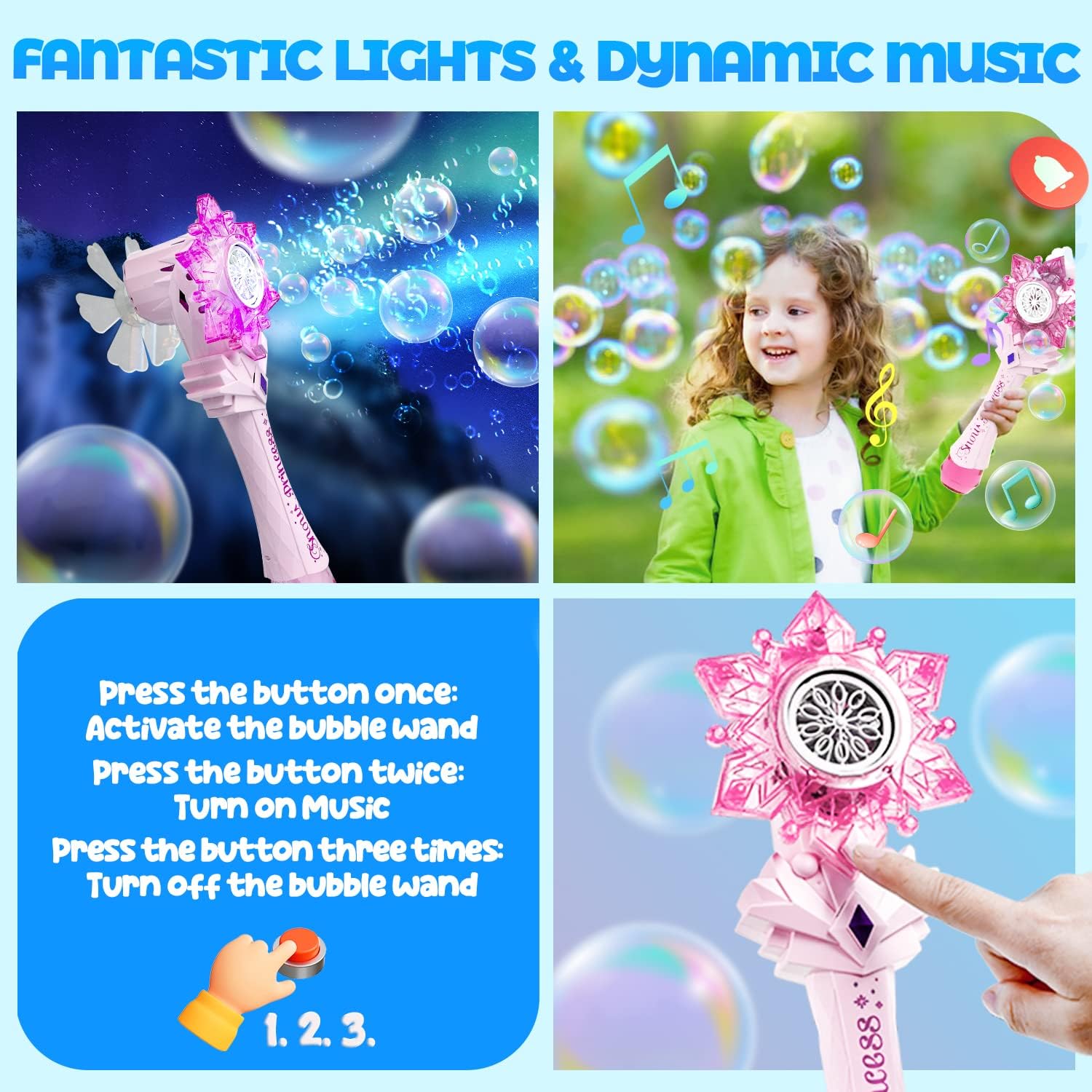 BELLOCHIDDO Princess Magic Wand Automatic Bubble Blower - Light Up Musical Snowflake Bubble Machine with Windmill & Bubble Solution, Frozen-Themed Birthday Gift for Girls (Perfect for Outdoor Play, Parties & Disney Princess-Themed Events)