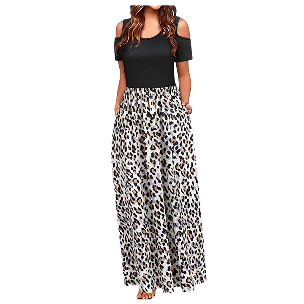 Women's Floral Print Cold Shoulder Maxi Dress with Pockets - Elegant Summer Long Dress for Casual Wear, Beach, Vacation & Outdoor Events