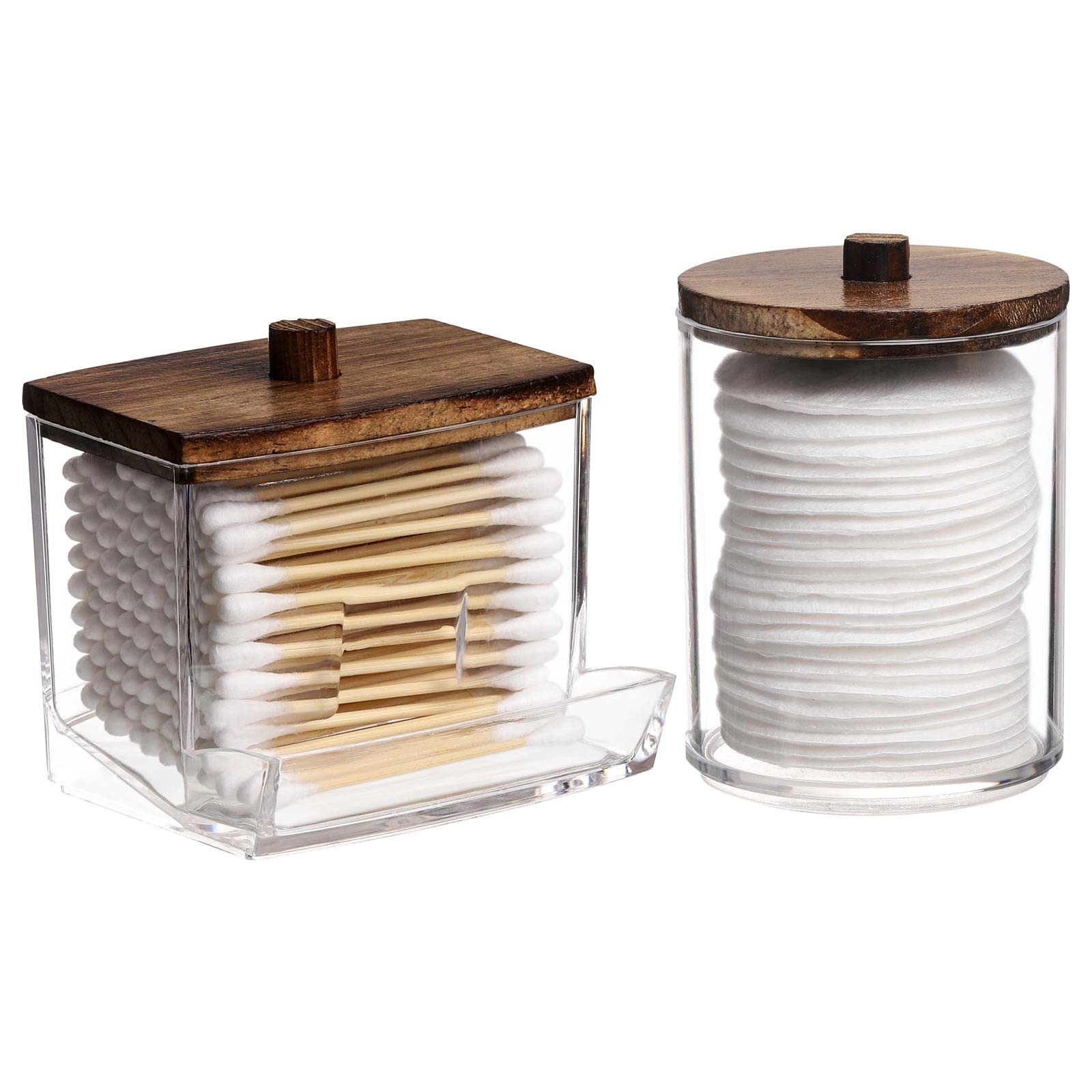 Tbestmax Qtips Holder with Brown Wood Lids - 10/7 OZ Cotton Ball & Swab Dispenser - Apothecary Storage Jar for Bathroom Organization (2-Pack) - Perfect for Vanity, Makeup Counter & Spa Decor
