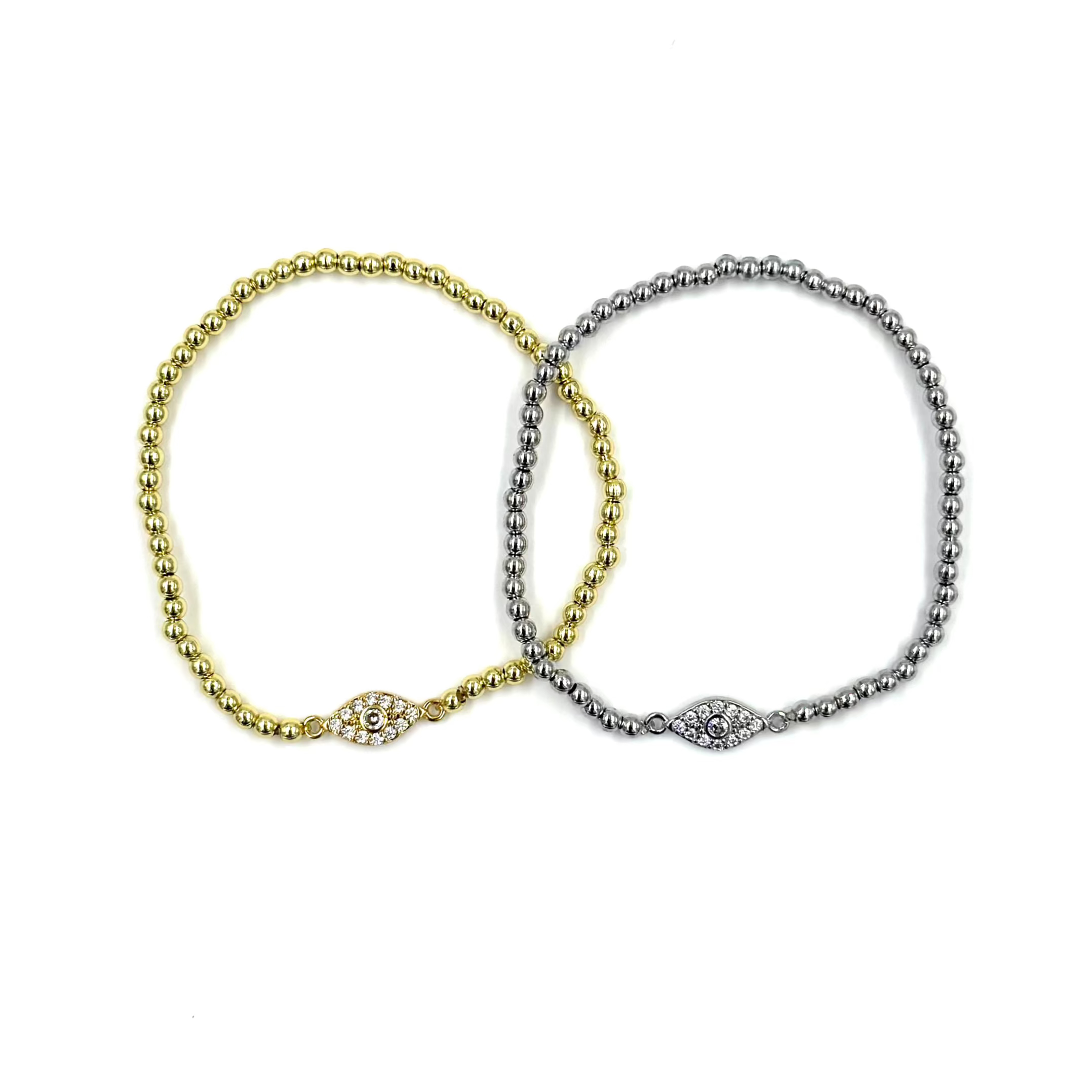 Ashley Gold Stainless Steel CZ Small Evil Eye Stretch Beaded Bracelet for Women - Protection Jewelry for Good Luck, Travel & Everyday Wear