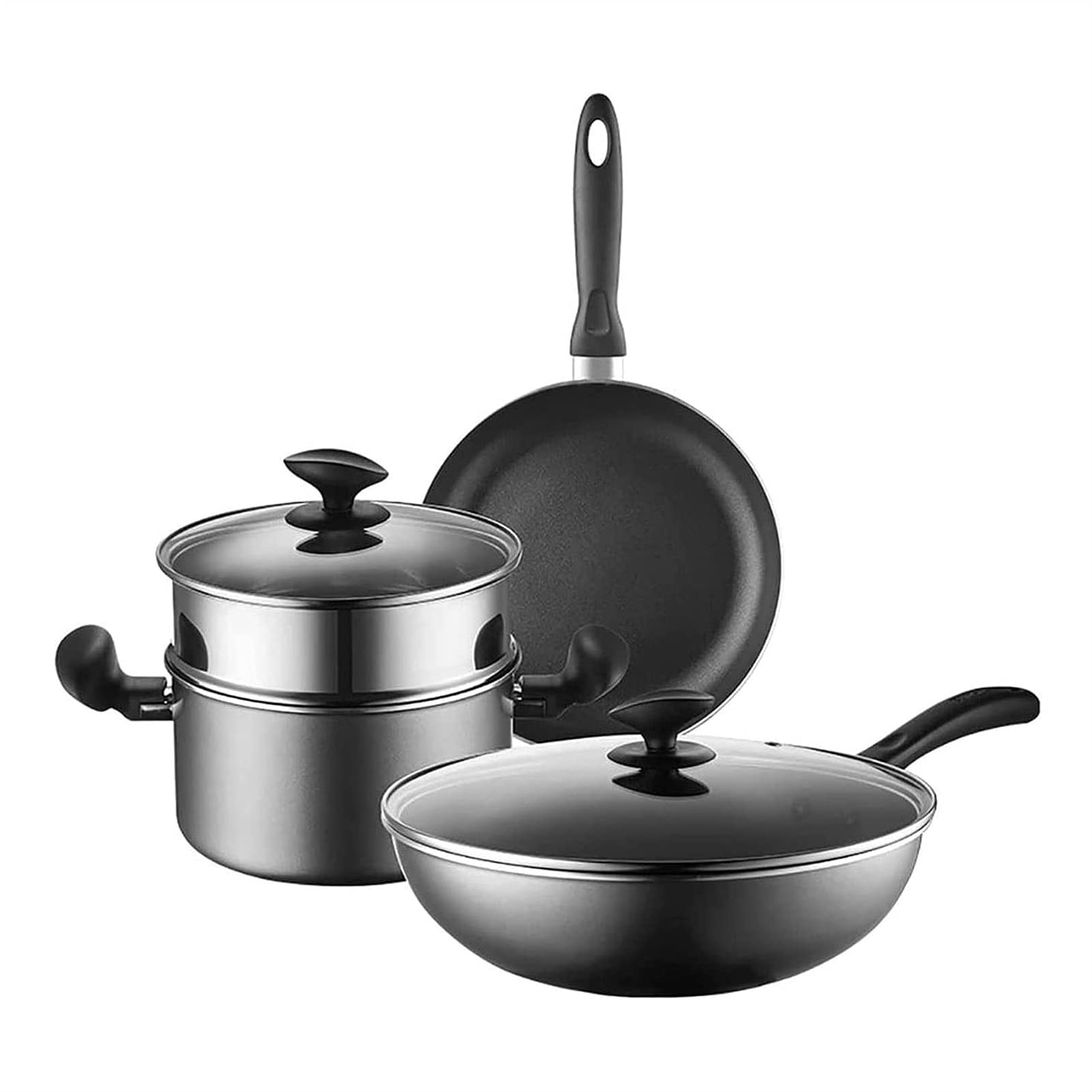 **PWV Non-Stick Frying Pan Set - 3-Piece Stainless Steel Handle Cookware for Stir Fry, Sauté & Soup | Durable Aluminum Skillet, Wok & Pot for Home & Restaurant Cooking**