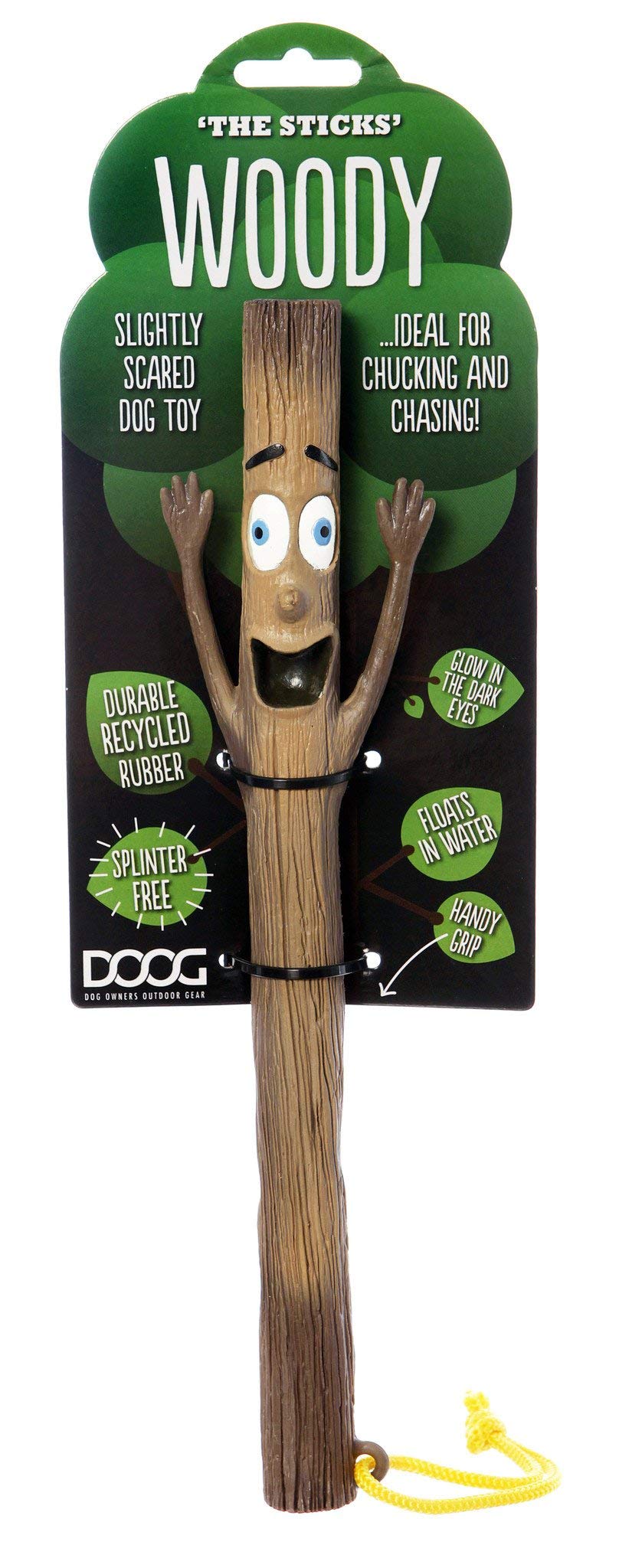 DOOG - Safe & Durable Woody Fetch Dog Toy with Glow-in-The-Dark Eyes, Splinter-Free, Floats in Water, Easy to Clean - Perfect for Outdoor Play, Beach, Park & Backyard Fetch Games