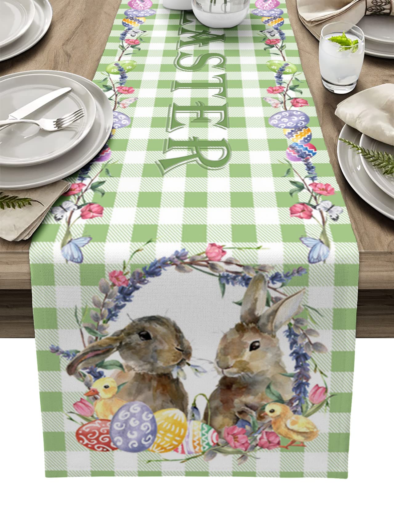 Easter Table Runner 13x108 Inch Farmhouse Linen Kitchen Dining Tablecloth - Spring Party Decor with Bunny Rabbit, Tulip Flowers & Green Plaid for Holiday Table Setting - Perfect for Easter Brunch, Spring Celebrations & Farmhouse Dining Decor