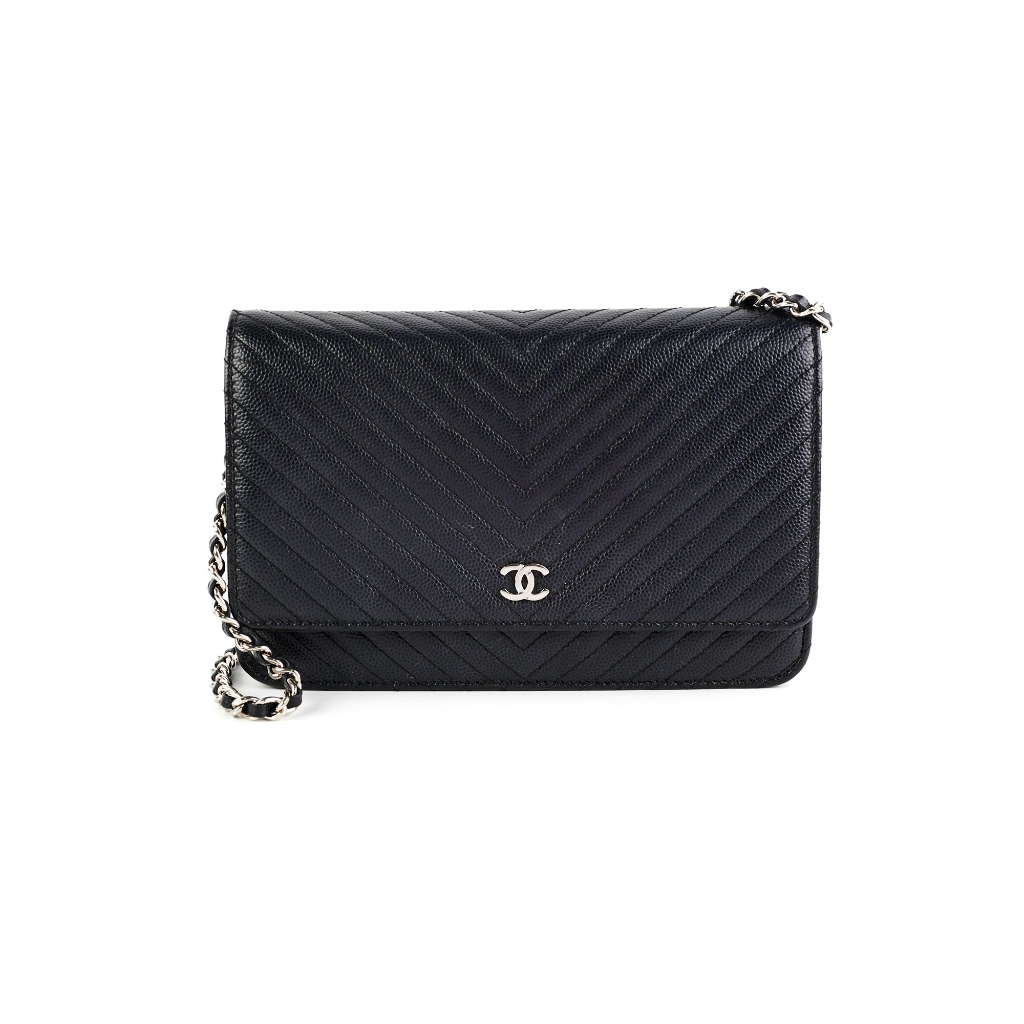 Chanel Caviar Leather Wallet on Chain WOC Chevron Quilted Crossbody Bag Black - Perfect for Evening Out & Daily Essentials