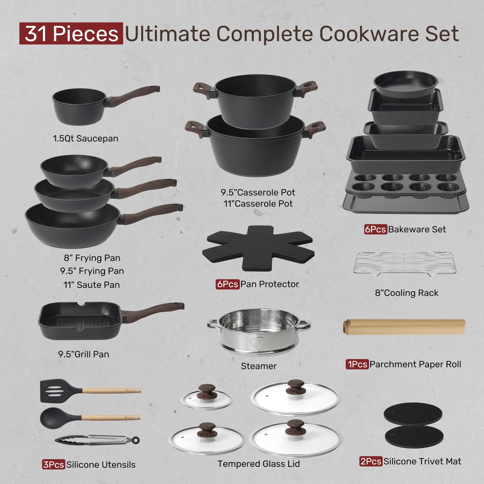Premium 31-Piece Nonstick Kitchen Cookware Set - Pots, Pans & Bakeware with Frying Pans, Saucepan, Grill Pan & Utensils - Perfect for Home Cooking, Baking & Family Meals