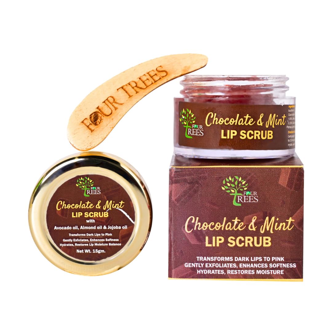 Four Trees Chocolate & Mint Lip Scrub - Natural Exfoliator for Dark Lips to Pink | Moisturizing & Softening Lip Care for Men & Women | Perfect for Dry, Chapped Lips & Pre-Makeup Prep