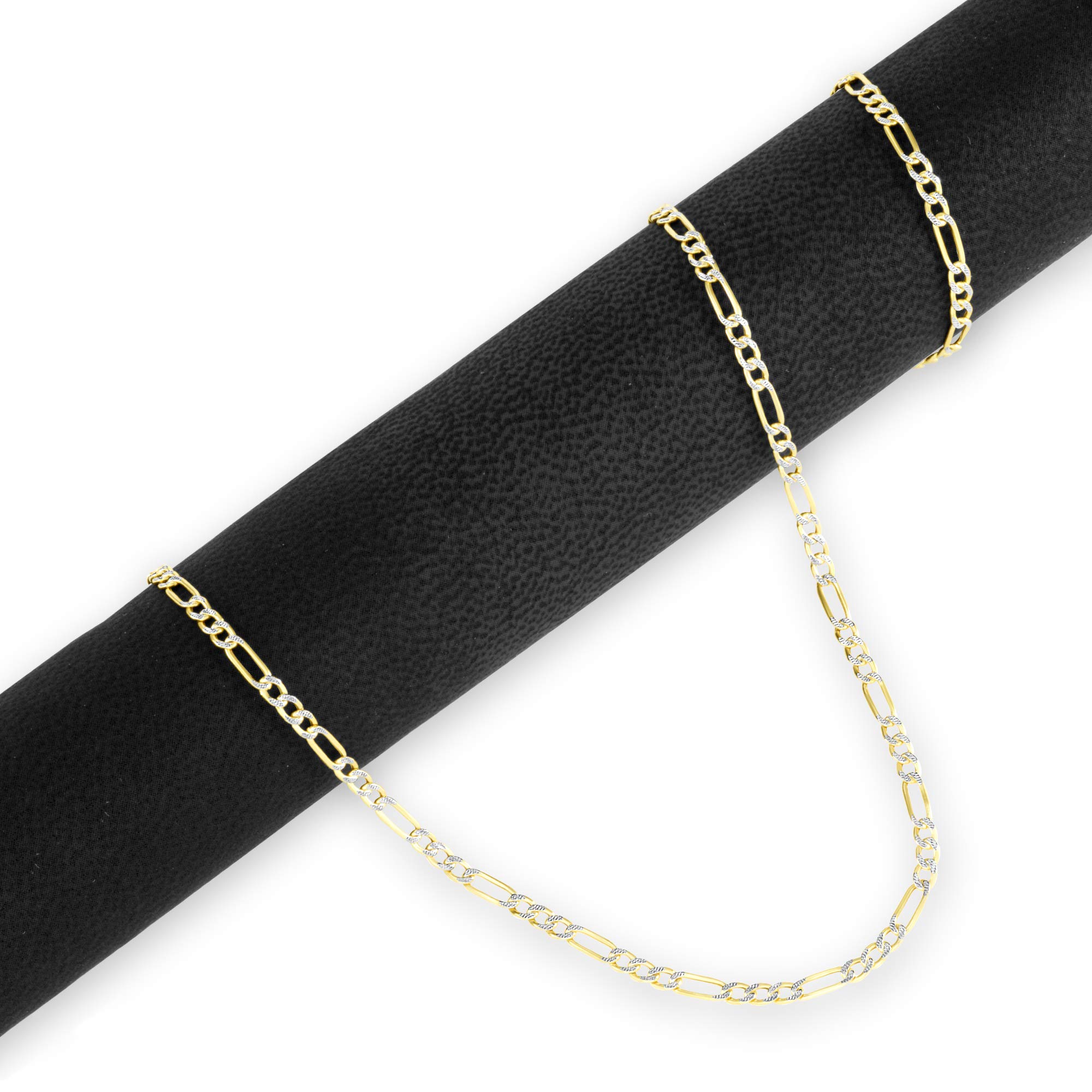 10k Real Yellow Gold Figaro Link Chain Bracelet or Anklet - 2.5mm Diamond Cut Pave Design - Two Tone Italian Jewelry for Men & Women (7