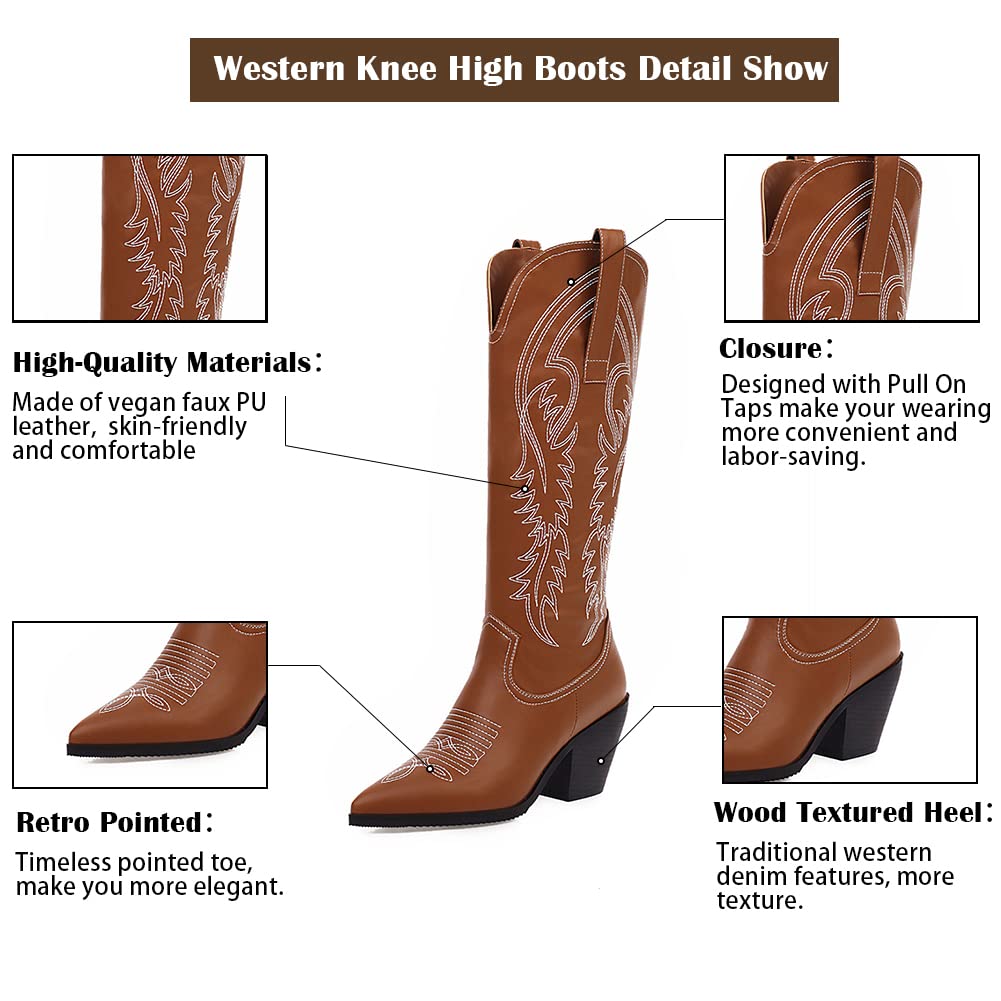 Tscoyuki Women's Western Cowboy Boots - Embroidered Knee High Boots with Pointed Toe & Chunky Block Heel | Pull-On Design for Easy Wear | Perfect for Country Rodeo, Line Dancing & Fall Fashion Outfits