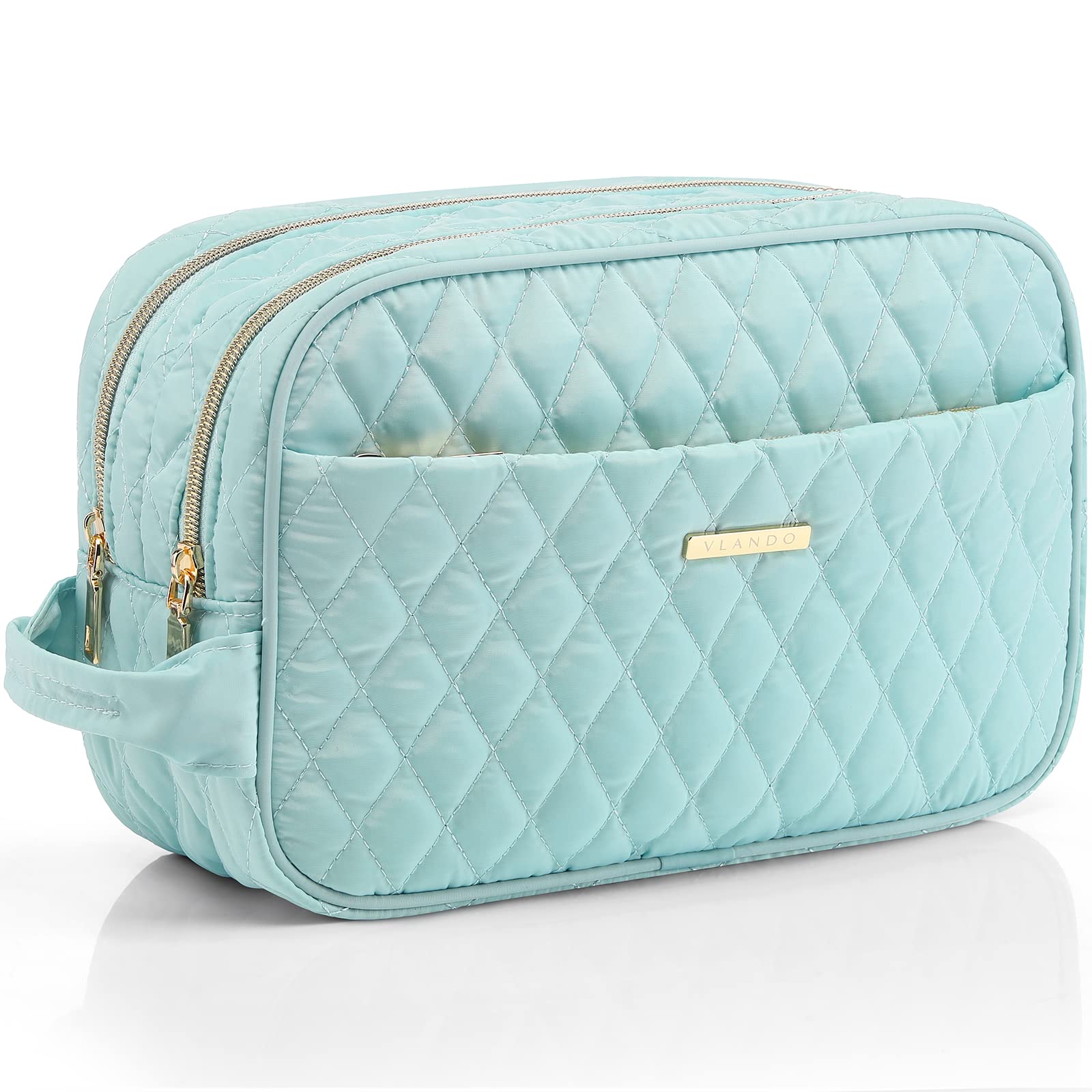 Vlando Cosmetic Bag for Women - Waterproof Makeup Train Case with Brush Organizer, Reusable Travel Toiletry Bag (Blue) | Perfect for Travel, Gym, and Daily Makeup Storage